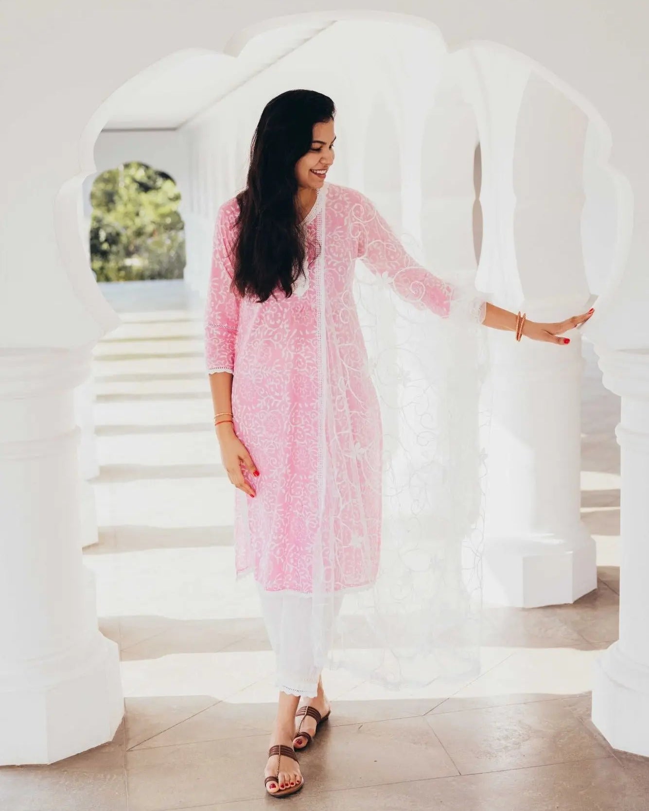 'Meher' Women's Pink Kurti, Pants with Lace Work and Embroidered White Net Dupatta Set Nimbu
