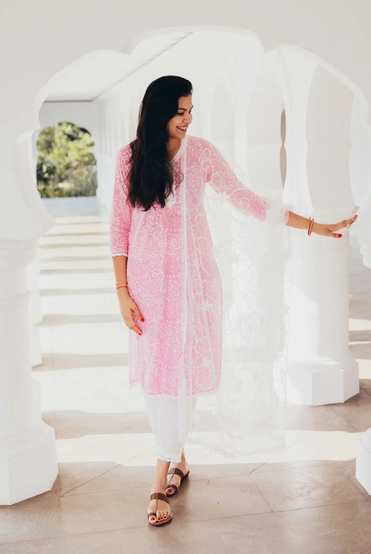 'Meher' Women's Pink Kurti, Pants with Lace Work and Embroidered White Net Dupatta Set Nimbu