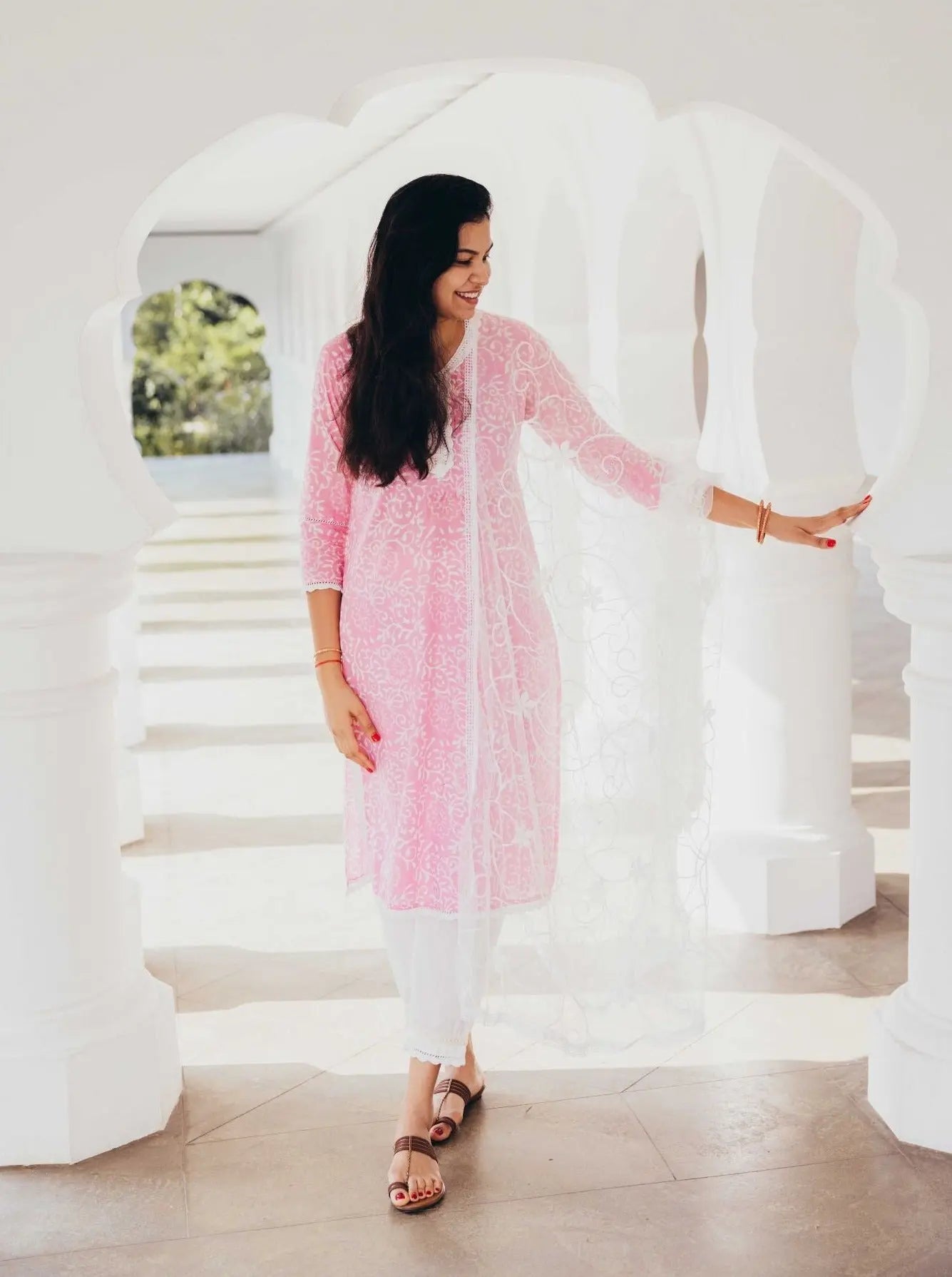 'Meher' Women's Pink Kurti, Pants with Lace Work and Embroidered White Net Dupatta Set Nimbu