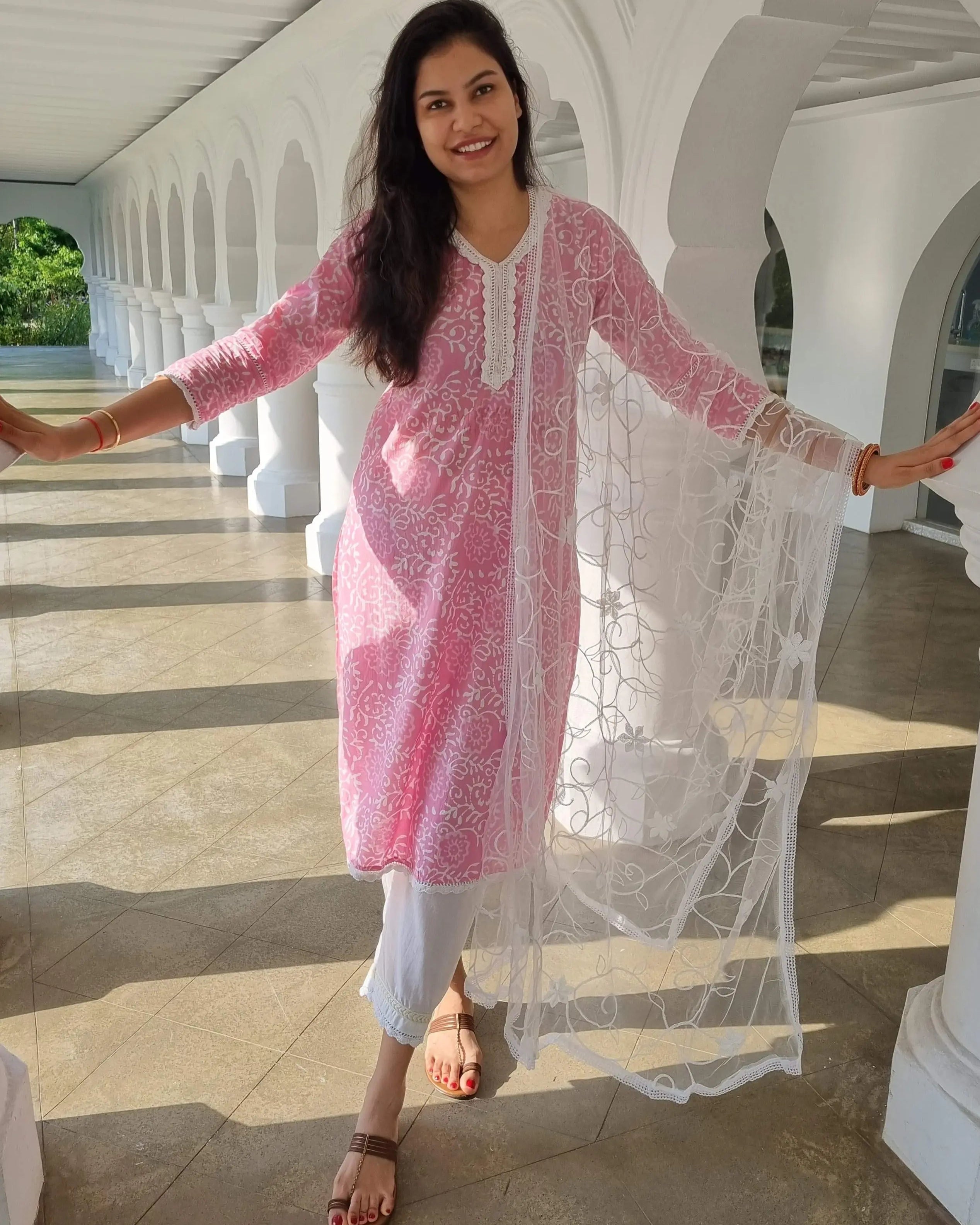 'Meher' Women's Pink Kurti, Pants with Lace Work and Embroidered White Net Dupatta Set Nimbu