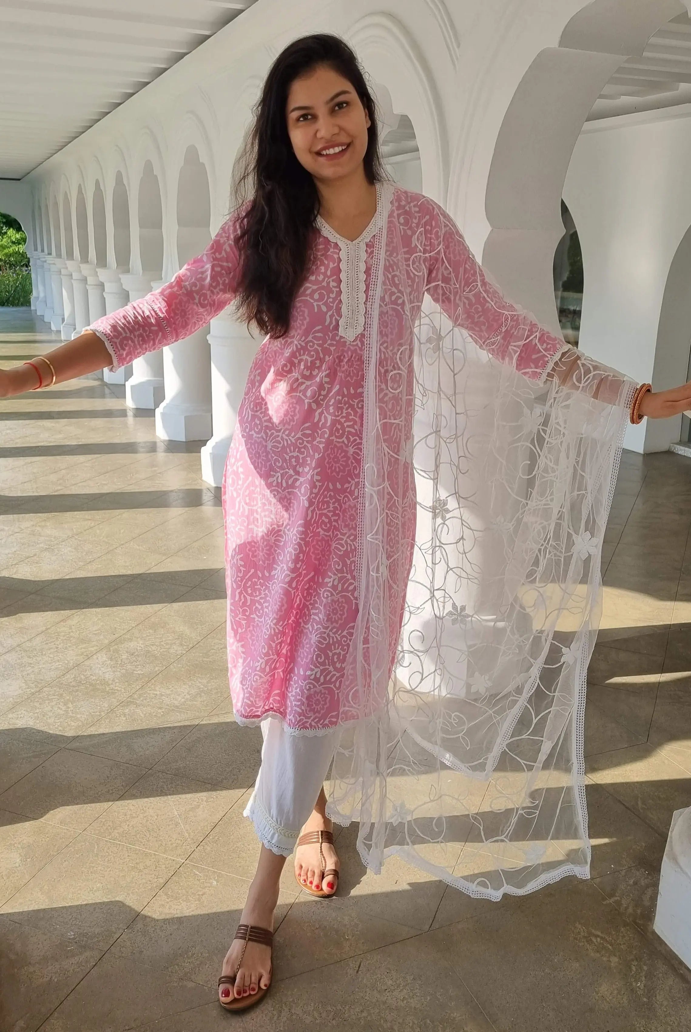 'Meher' Women's Pink Kurti, Pants with Lace Work and Embroidered White Net Dupatta Set Nimbu