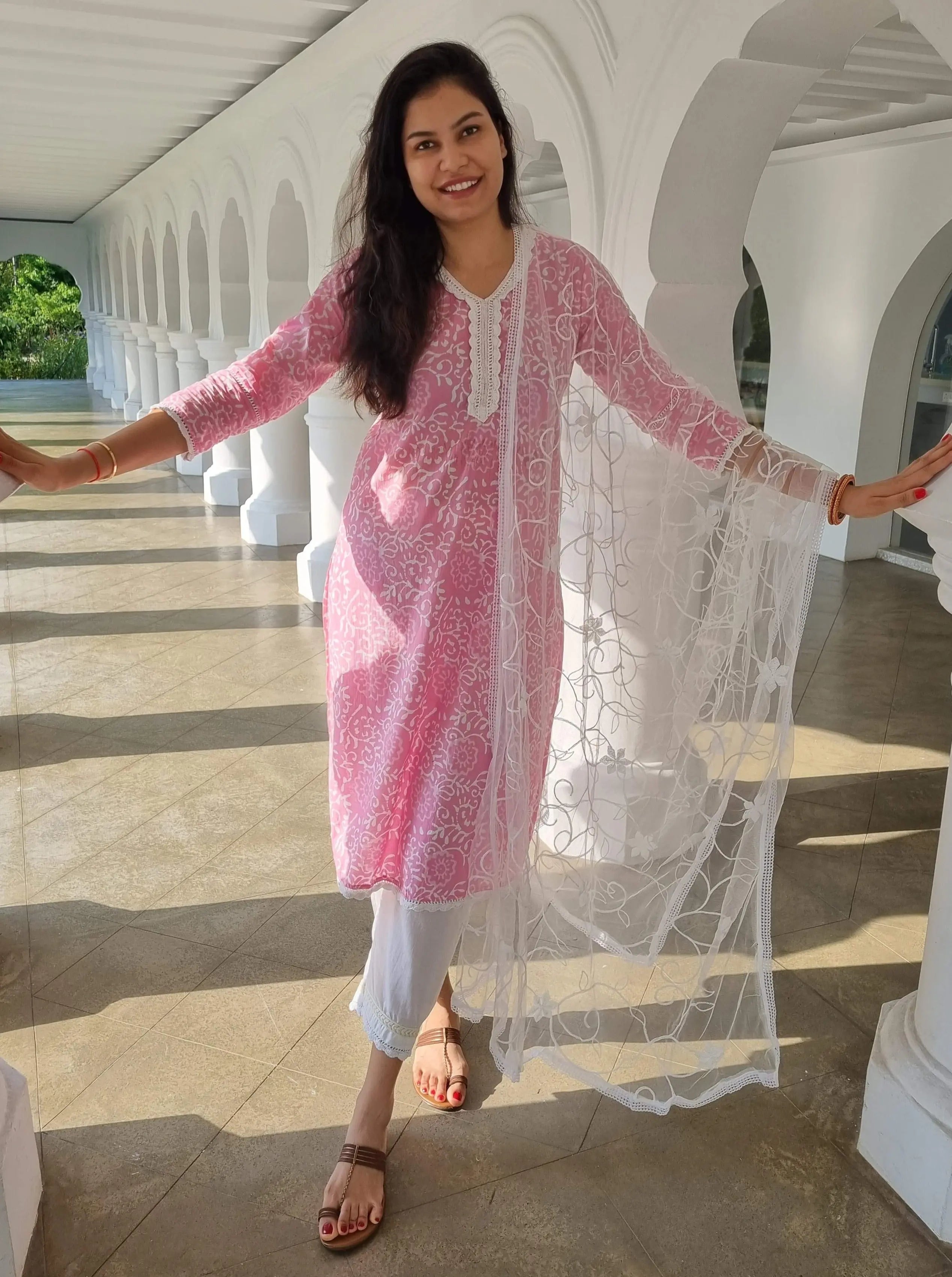 'Meher' Women's Pink Kurti, Pants with Lace Work and Embroidered White Net Dupatta Set Nimbu