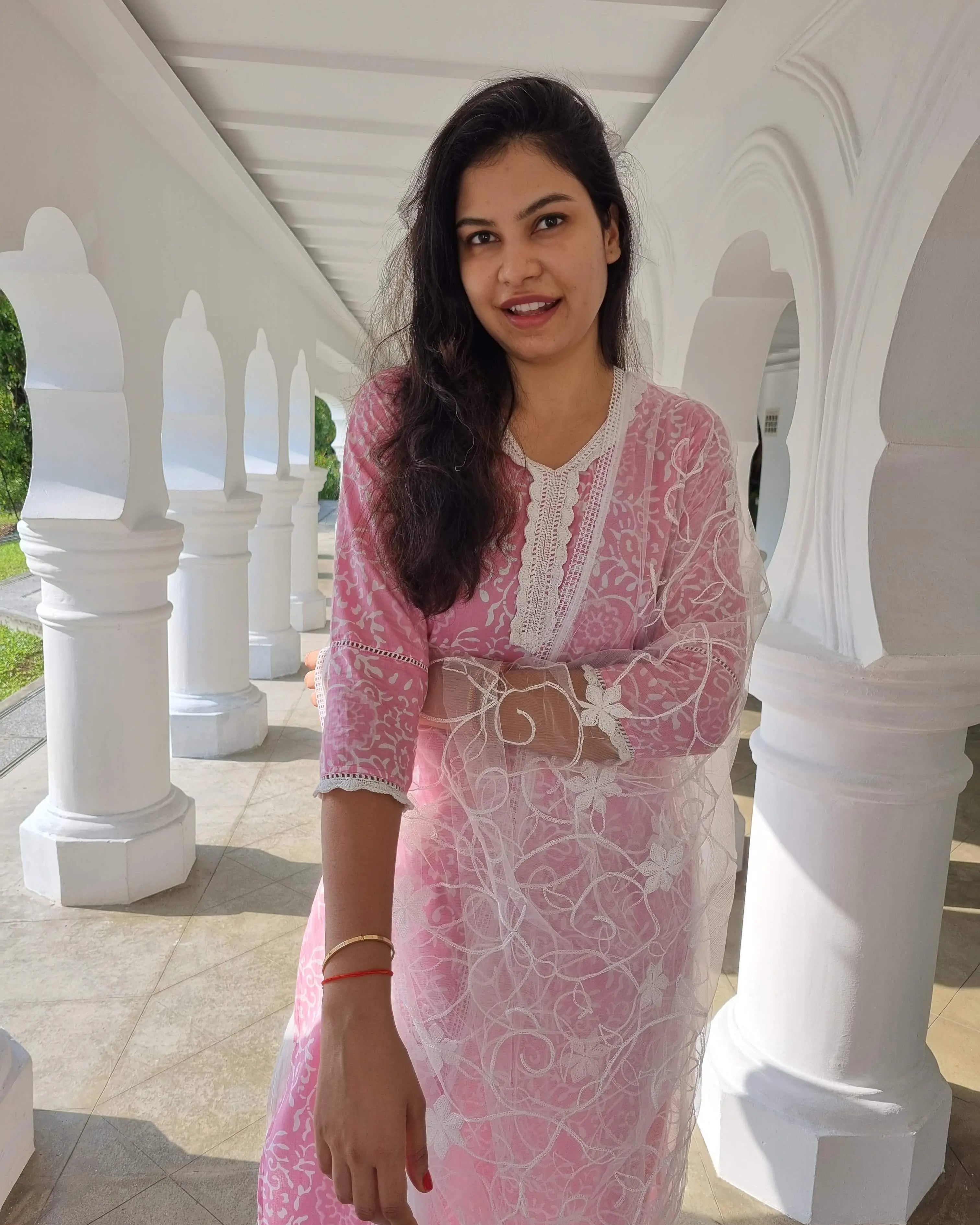 'Meher' Women's Pink Kurti, Pants with Lace Work and Embroidered White Net Dupatta Set Nimbu
