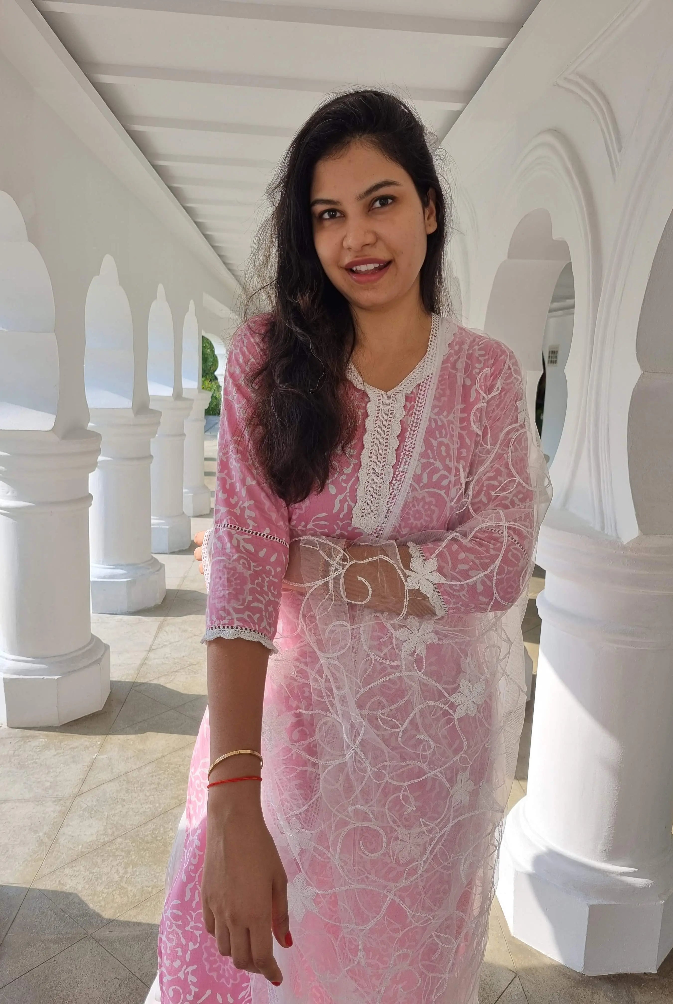 'Meher' Women's Pink Kurti, Pants with Lace Work and Embroidered White Net Dupatta Set Nimbu