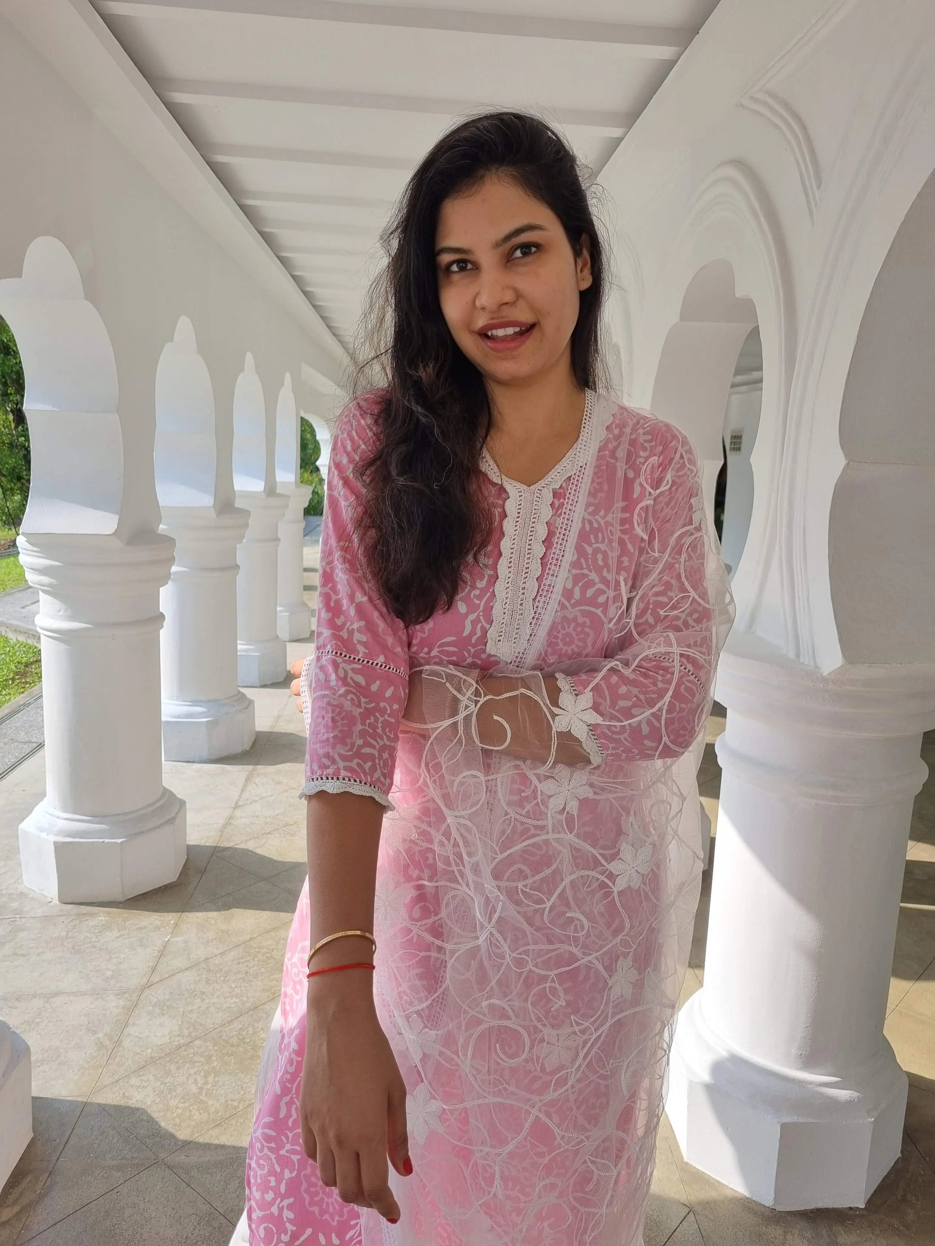 'Meher' Women's Pink Kurti, Pants with Lace Work and Embroidered White Net Dupatta Set Nimbu