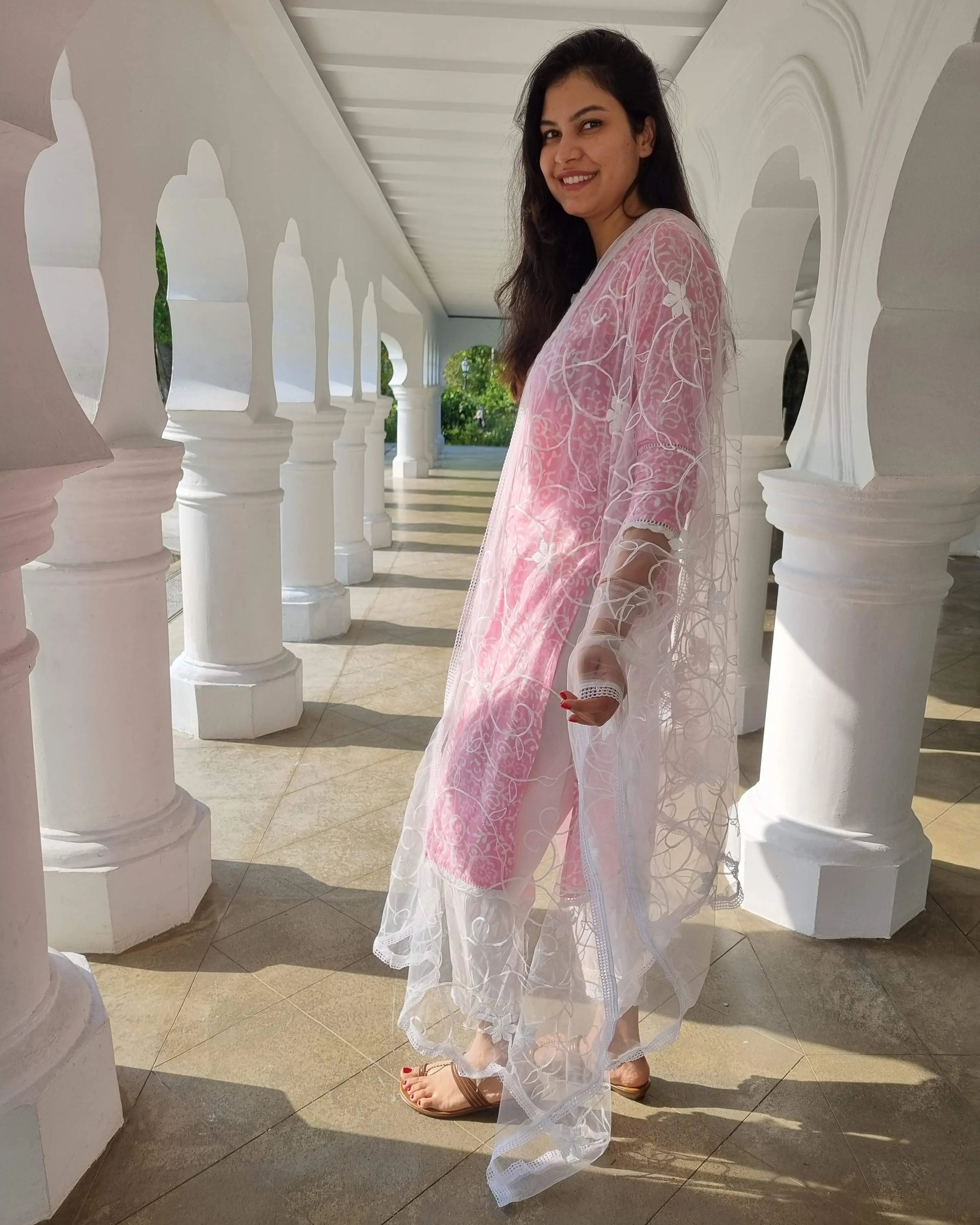 'Meher' Women's Pink Kurti, Pants with Lace Work and Embroidered White Net Dupatta Set Nimbu