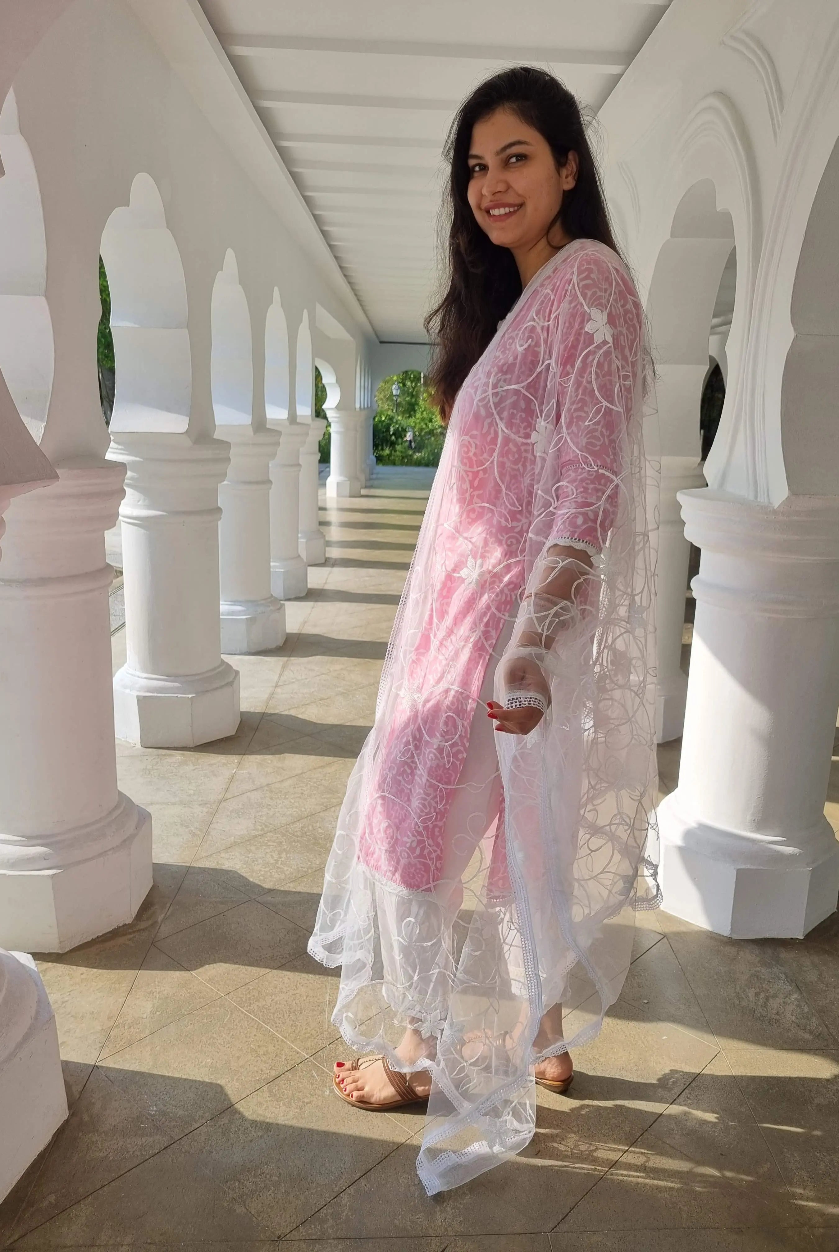 'Meher' Women's Pink Kurti, Pants with Lace Work and Embroidered White Net Dupatta Set Nimbu