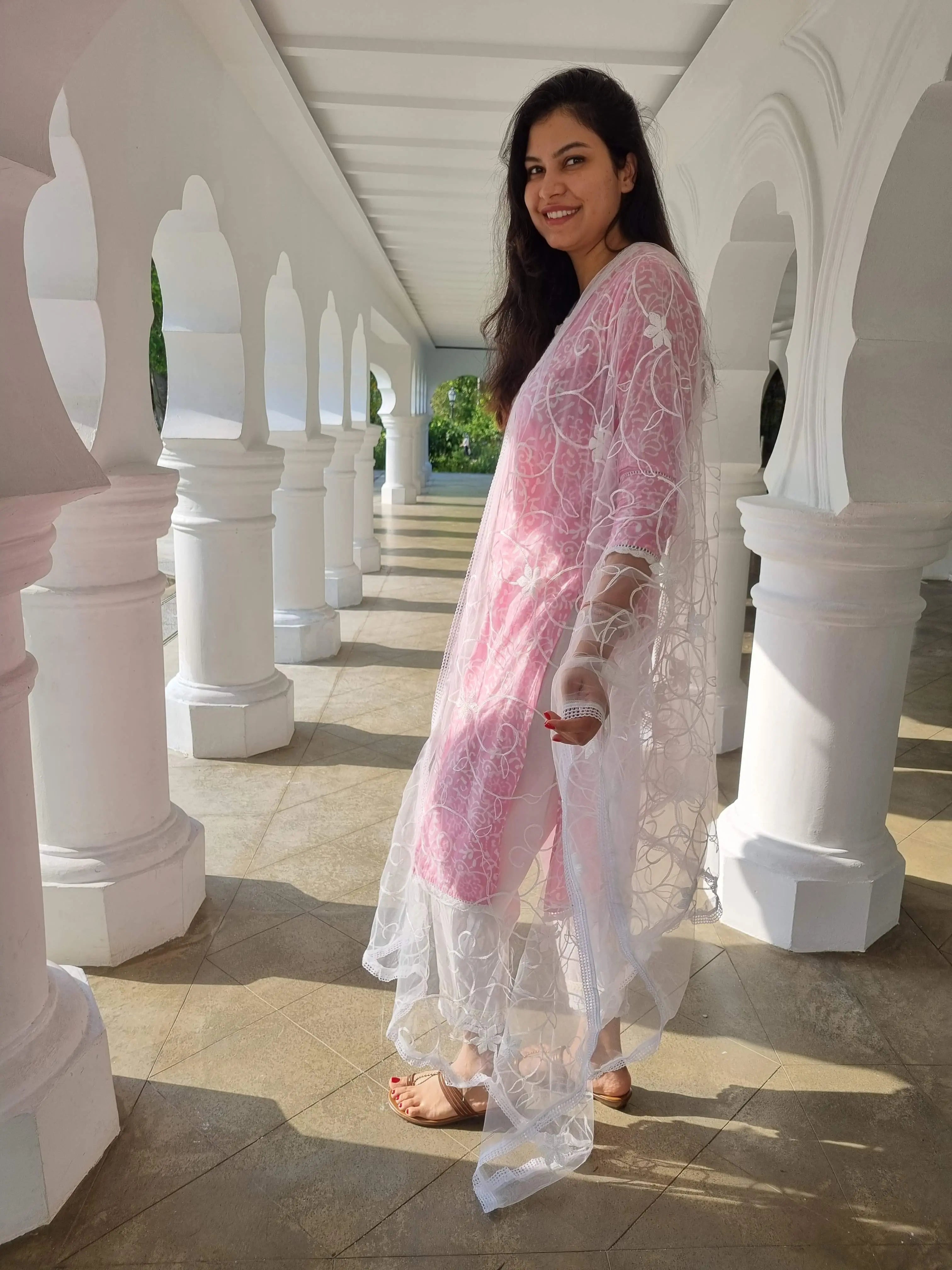 'Meher' Women's Pink Kurti, Pants with Lace Work and Embroidered White Net Dupatta Set Nimbu