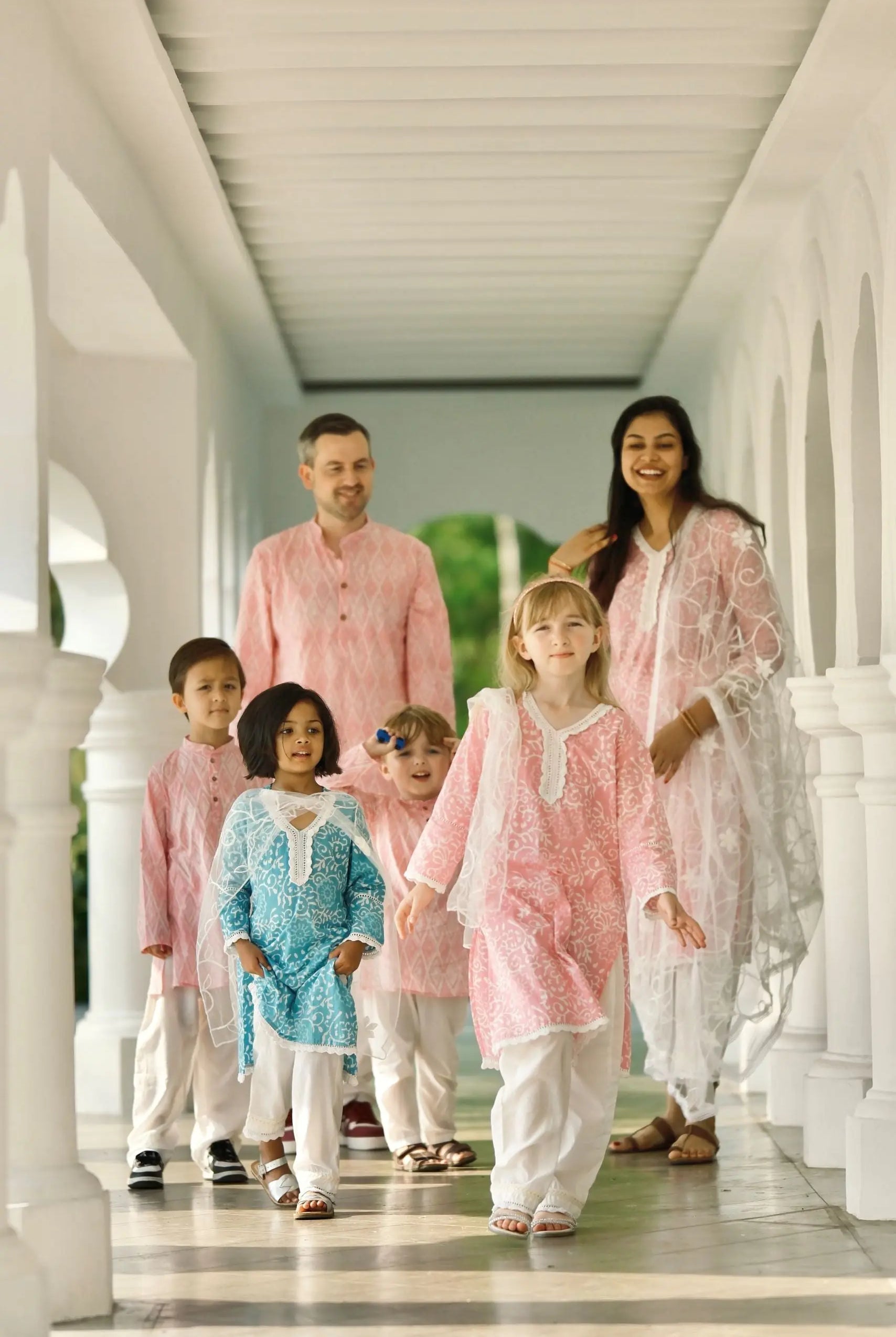 'Meher' Women's Pink Kurti, Pants with Lace Work and Embroidered White Net Dupatta Set Nimbu