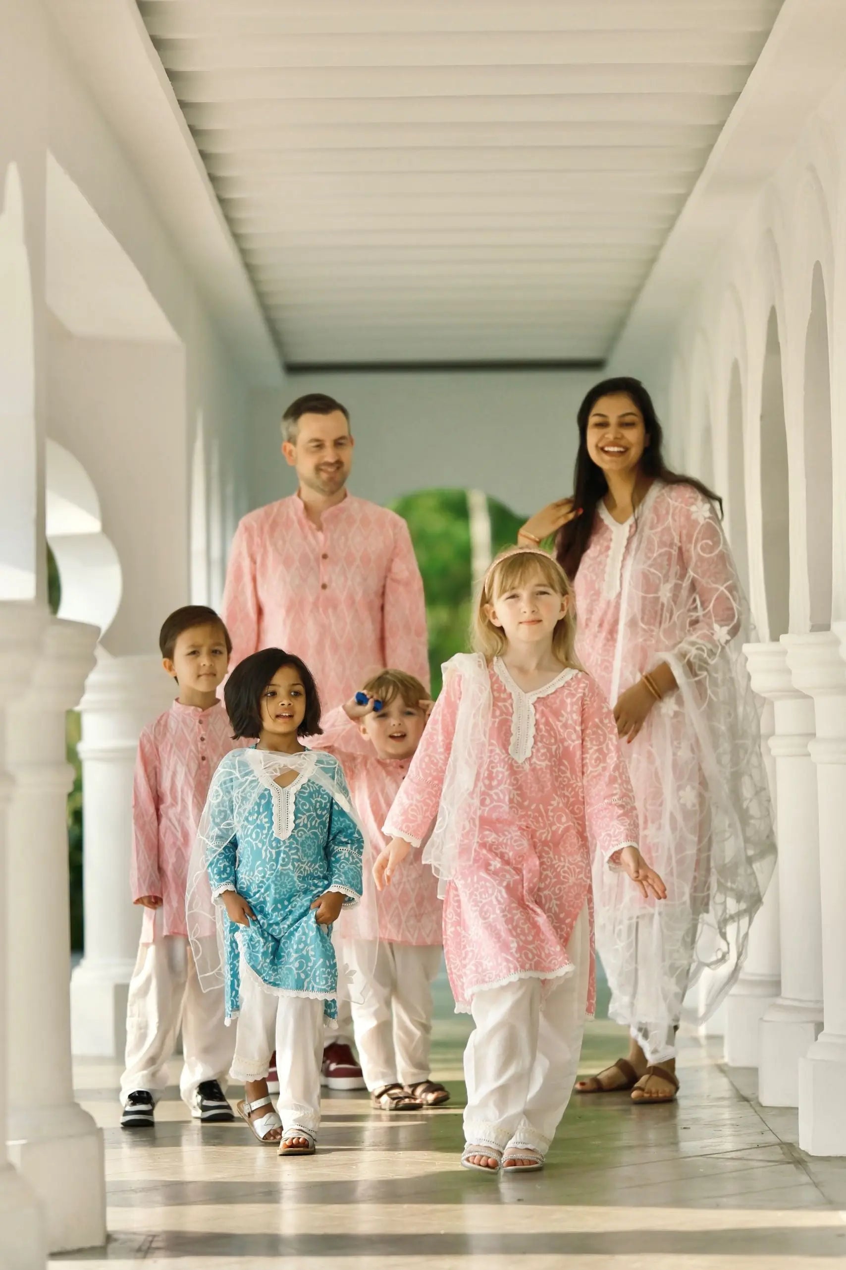 'Meher' Women's Pink Kurti, Pants with Lace Work and Embroidered White Net Dupatta Set Nimbu