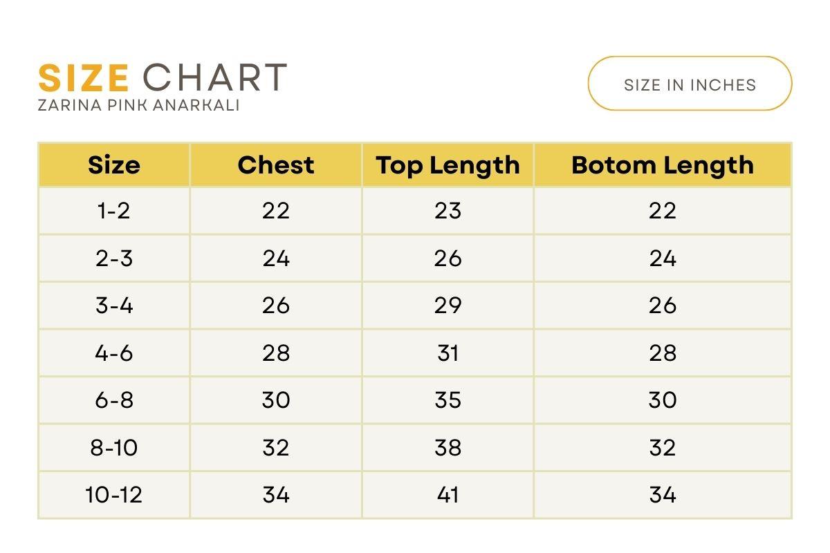 Nimbu Zarina Anarkali Size Chart