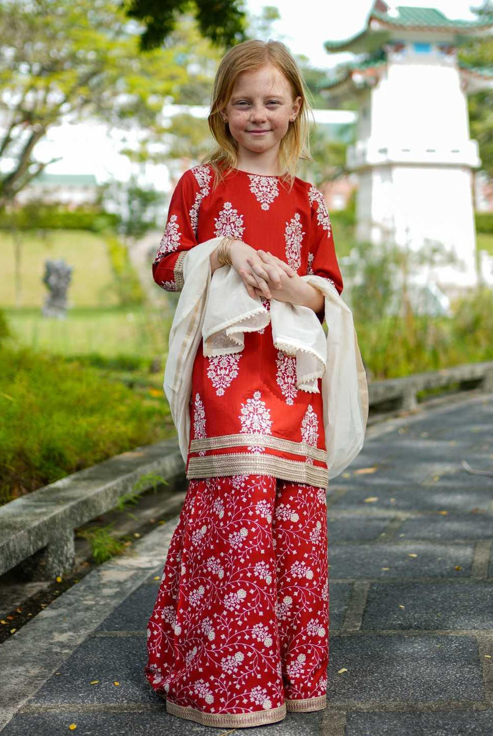 Zeena Red Girls Palazzo Kurta Set in Cotton