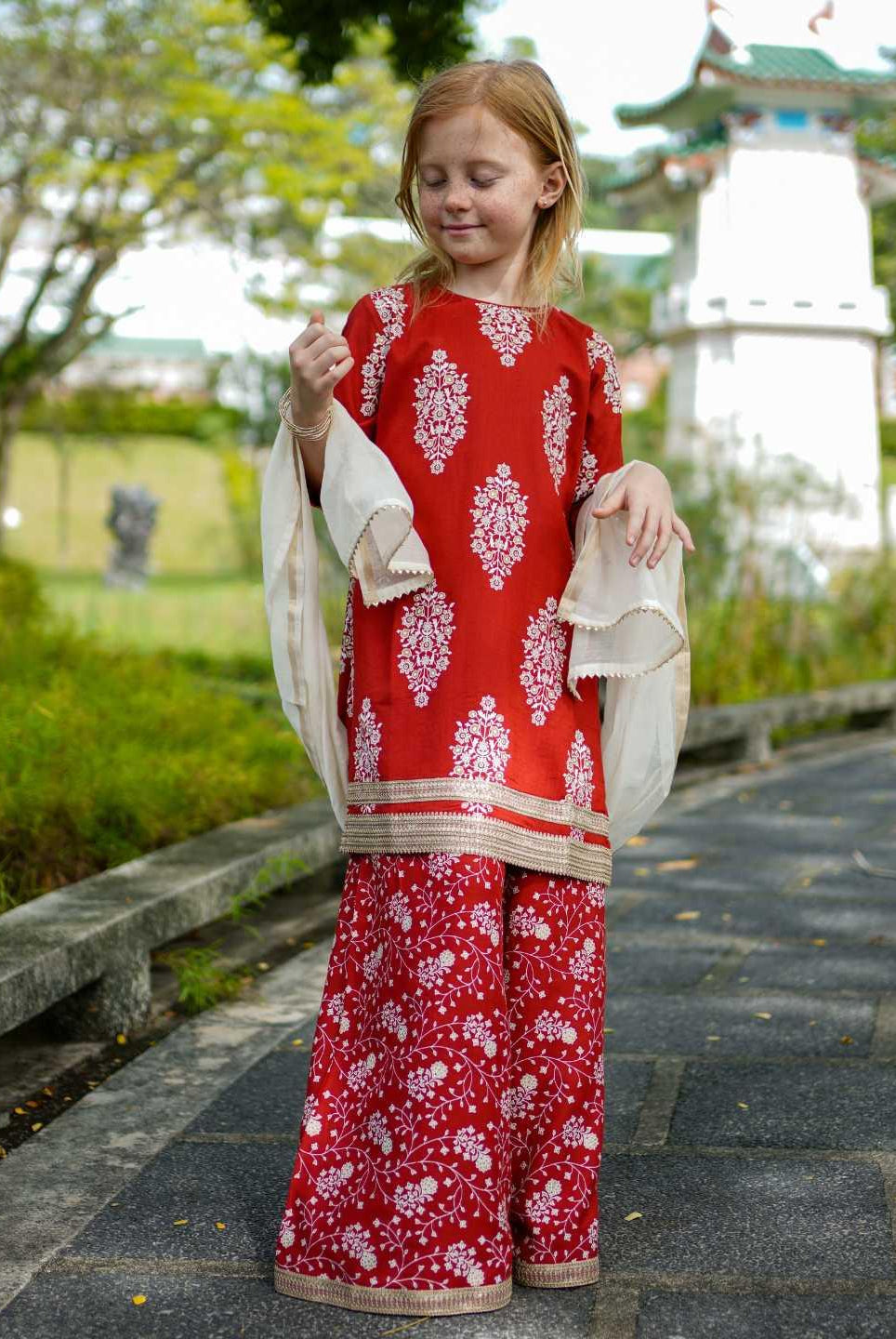 Zeena Red Girls Palazzo Kurta Set in Cotton