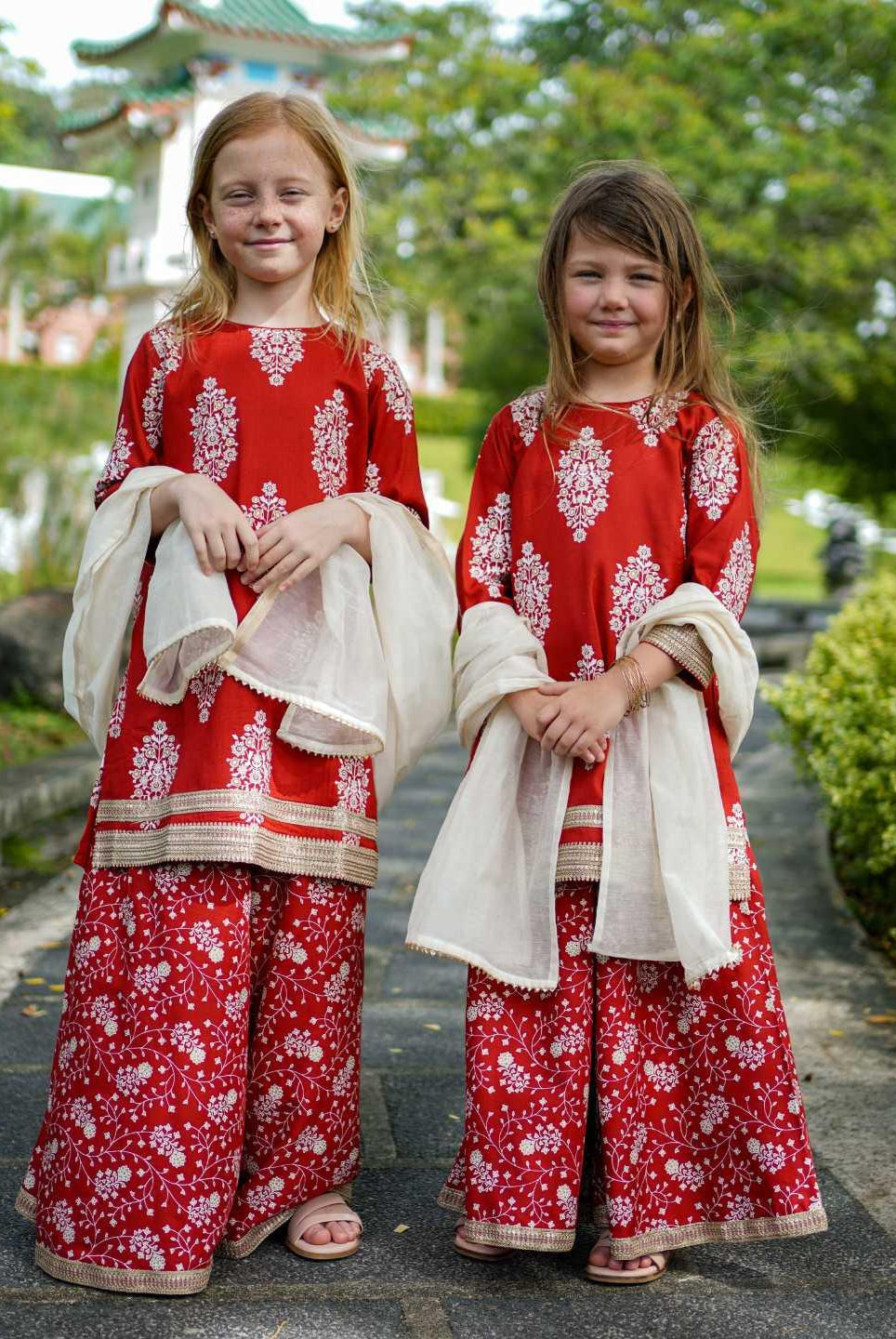 Zeena Red Girls Palazzo Kurta Set in Cotton