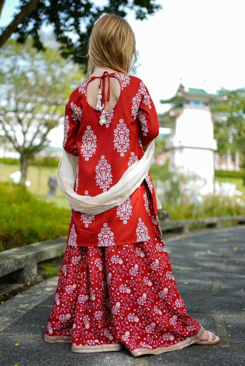 Zeena Red Girls Palazzo Kurta Set in Cotton