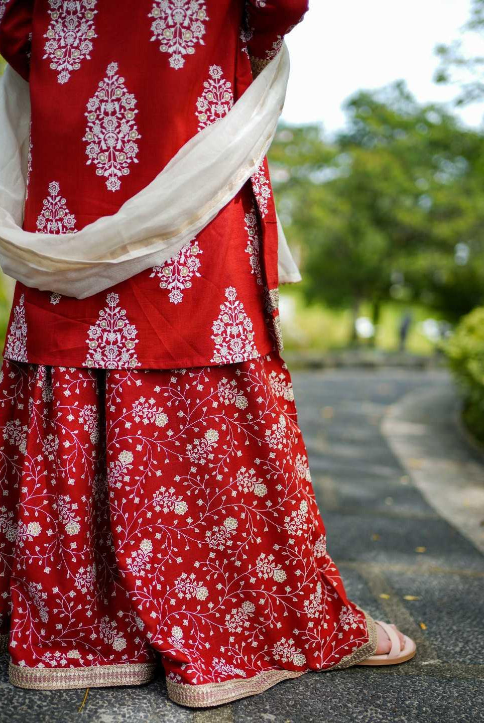 Zeena Red Girls Palazzo Kurta Set in Cotton