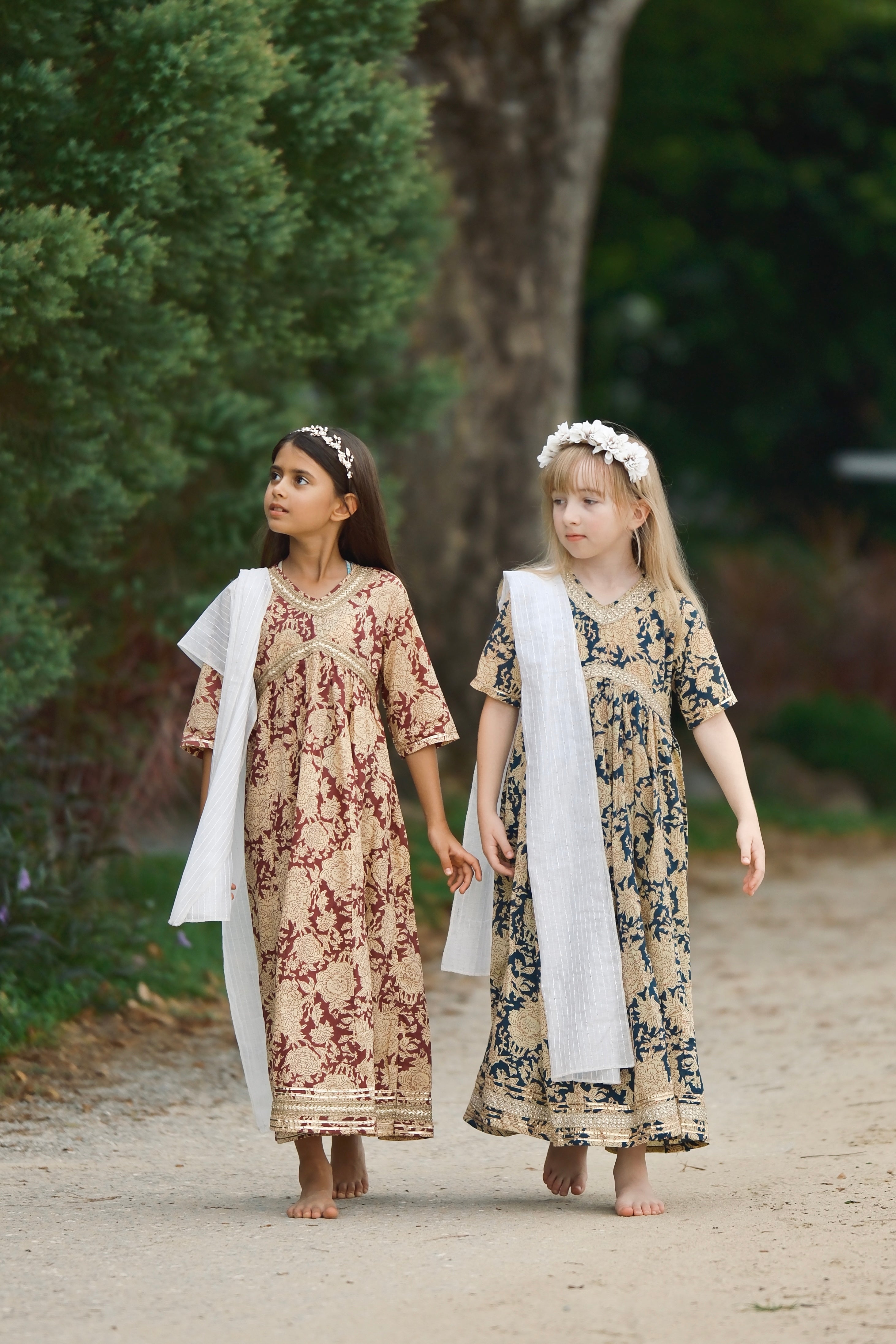 Aishara Anarkali Gown Dress in Blue & Beige Block Print