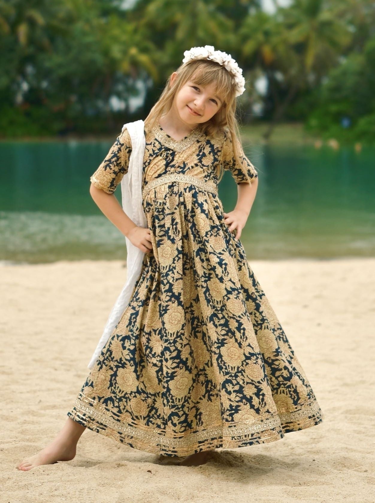 Aishara Anarkali Gown Dress in Blue & Beige Block Print