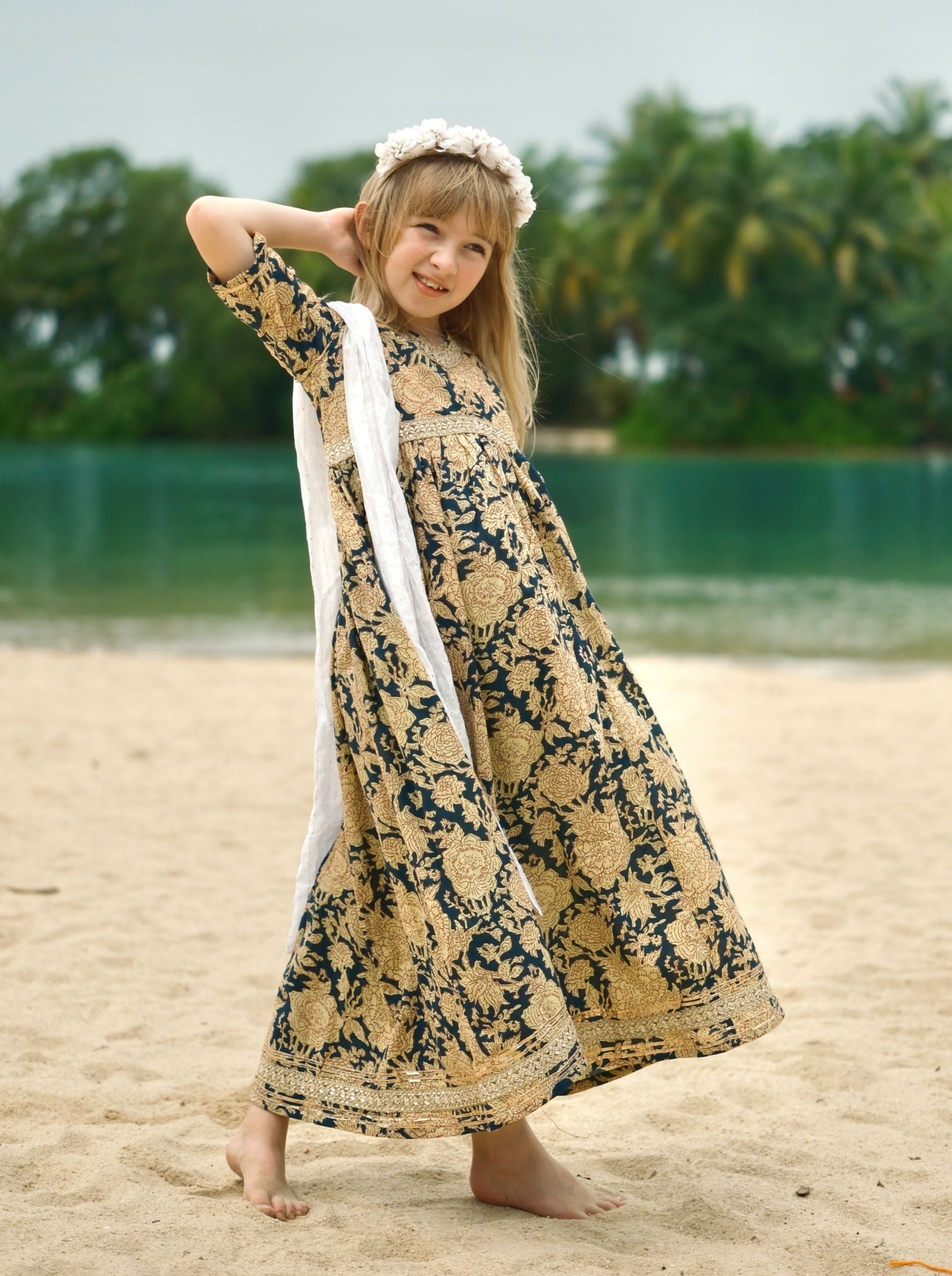 Aishara Anarkali Gown Dress in Blue & Beige Block Print