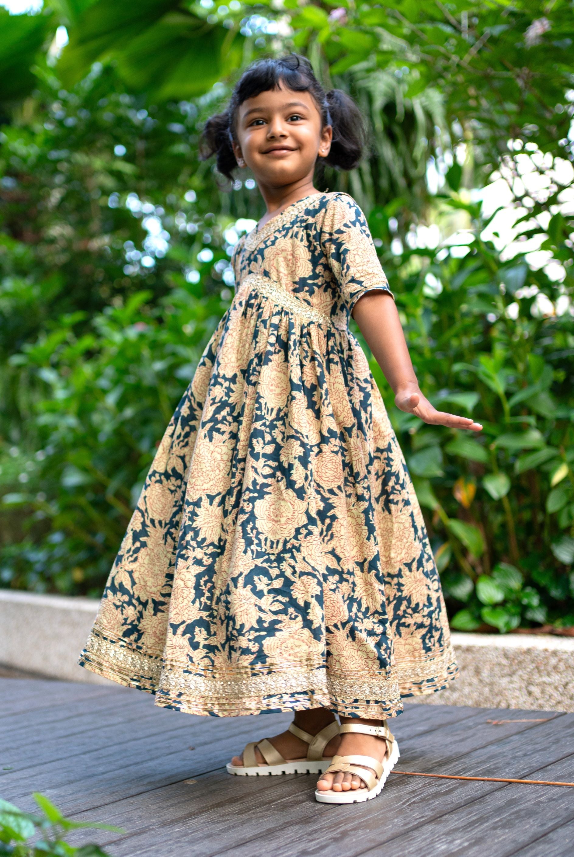 Aishara Anarkali Gown Dress in Blue & Beige Block Print