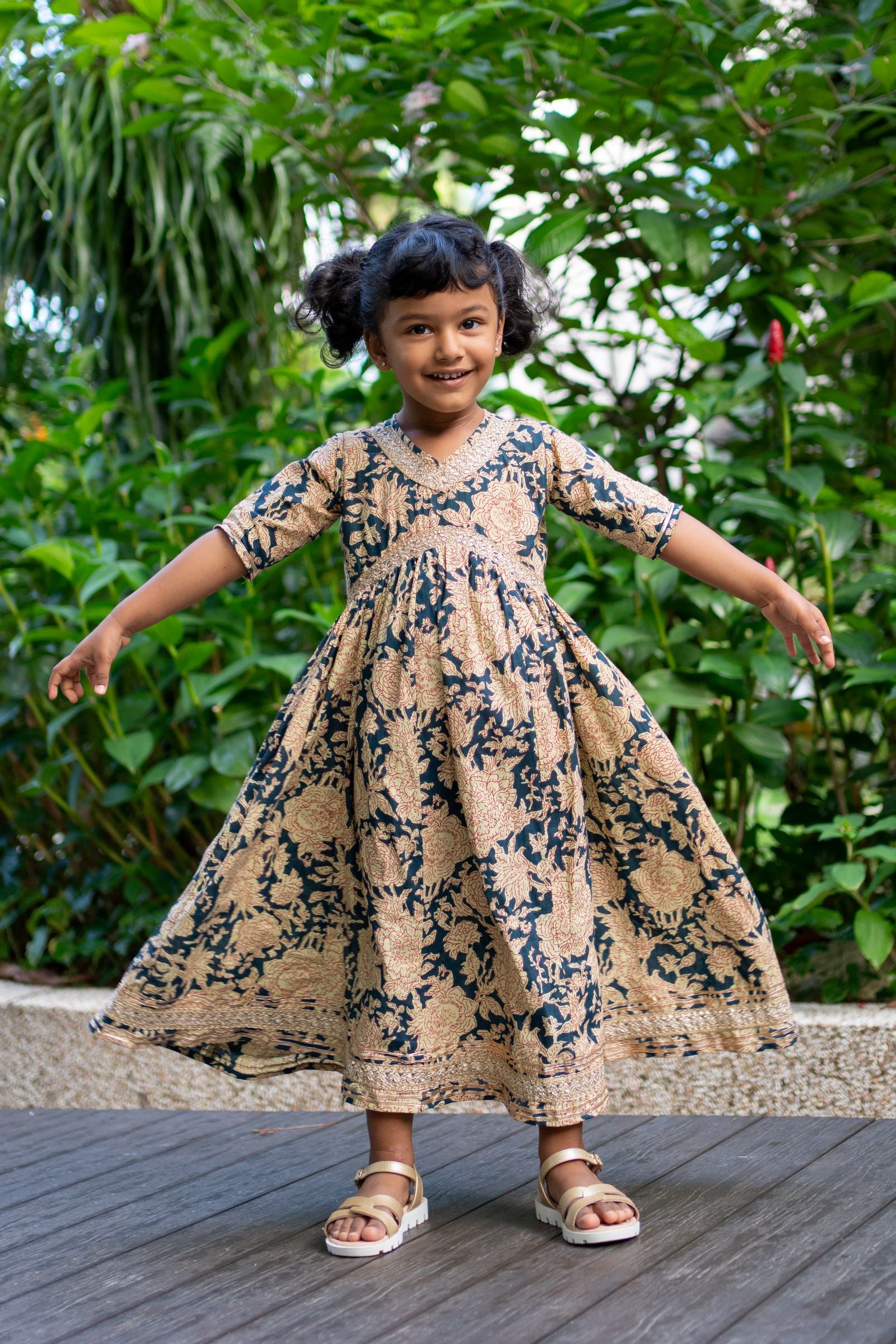 Aishara Anarkali Gown Dress in Blue & Beige Block Print