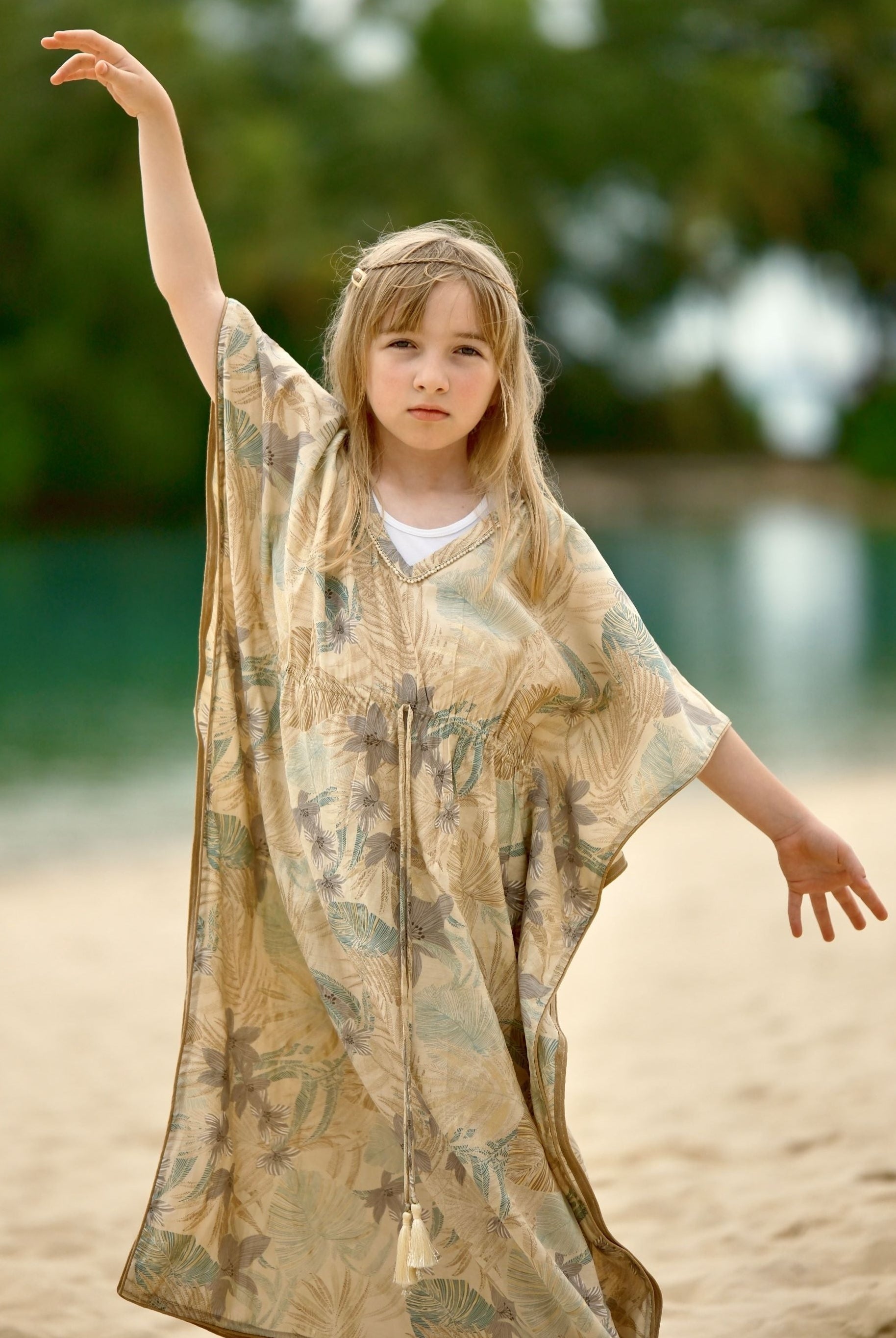 Arya girls' Long Kaftan Dress in blue with Gold Accents