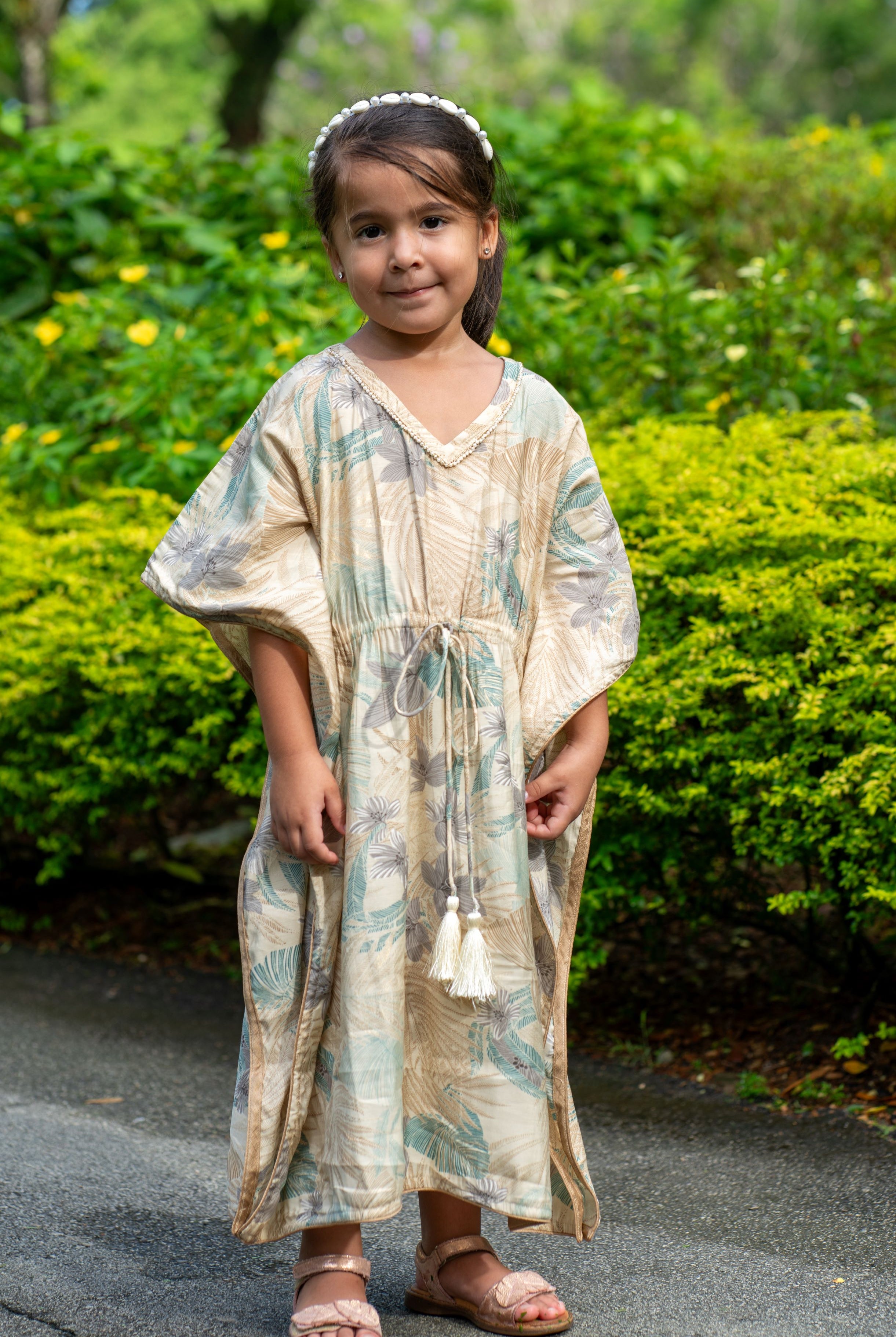 Arya Girls' Long Kaftan Dress in Metallic Blue with Gold Accents