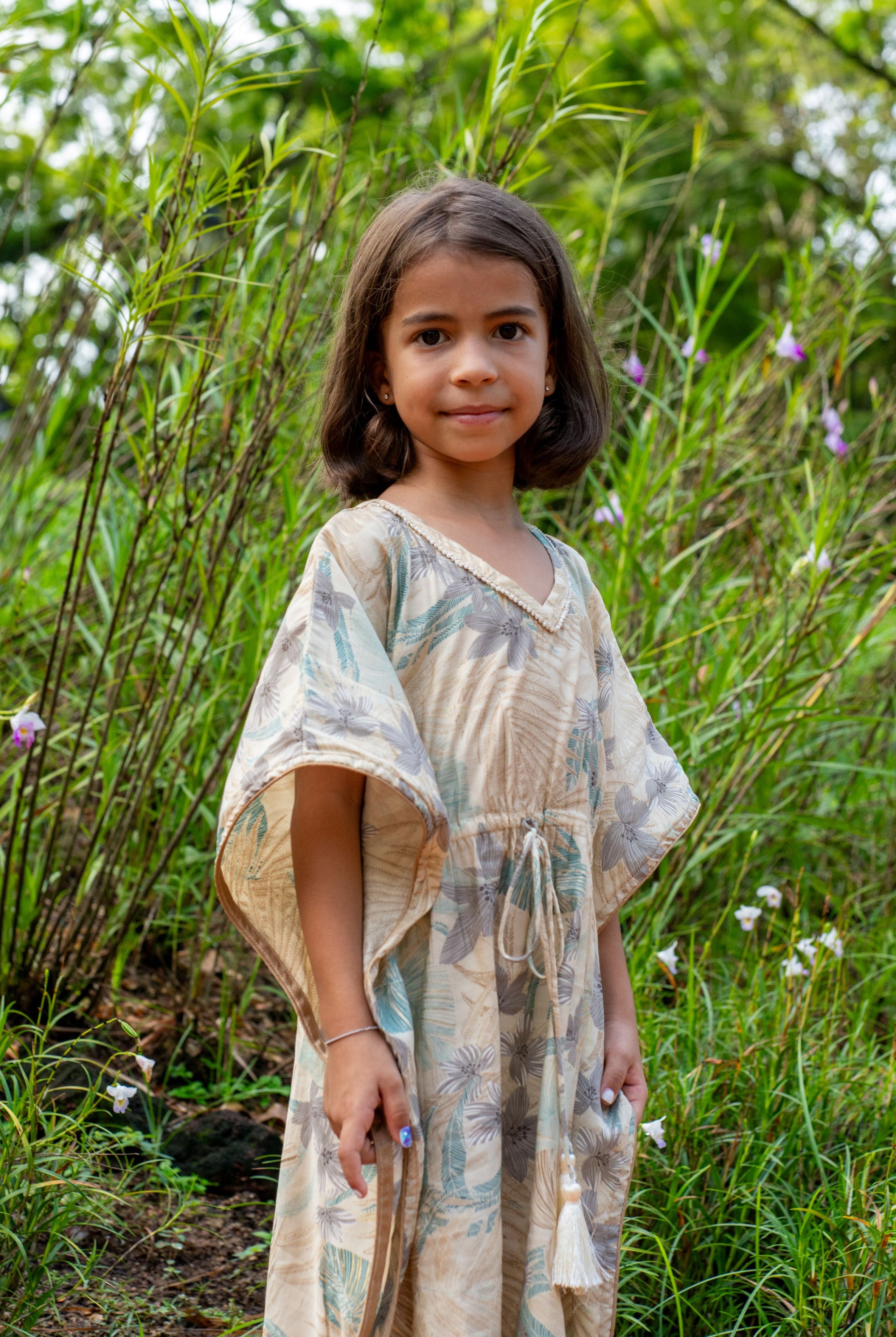Arya Girls' Long Kaftan Dress in Metallic Blue with Gold Accents
