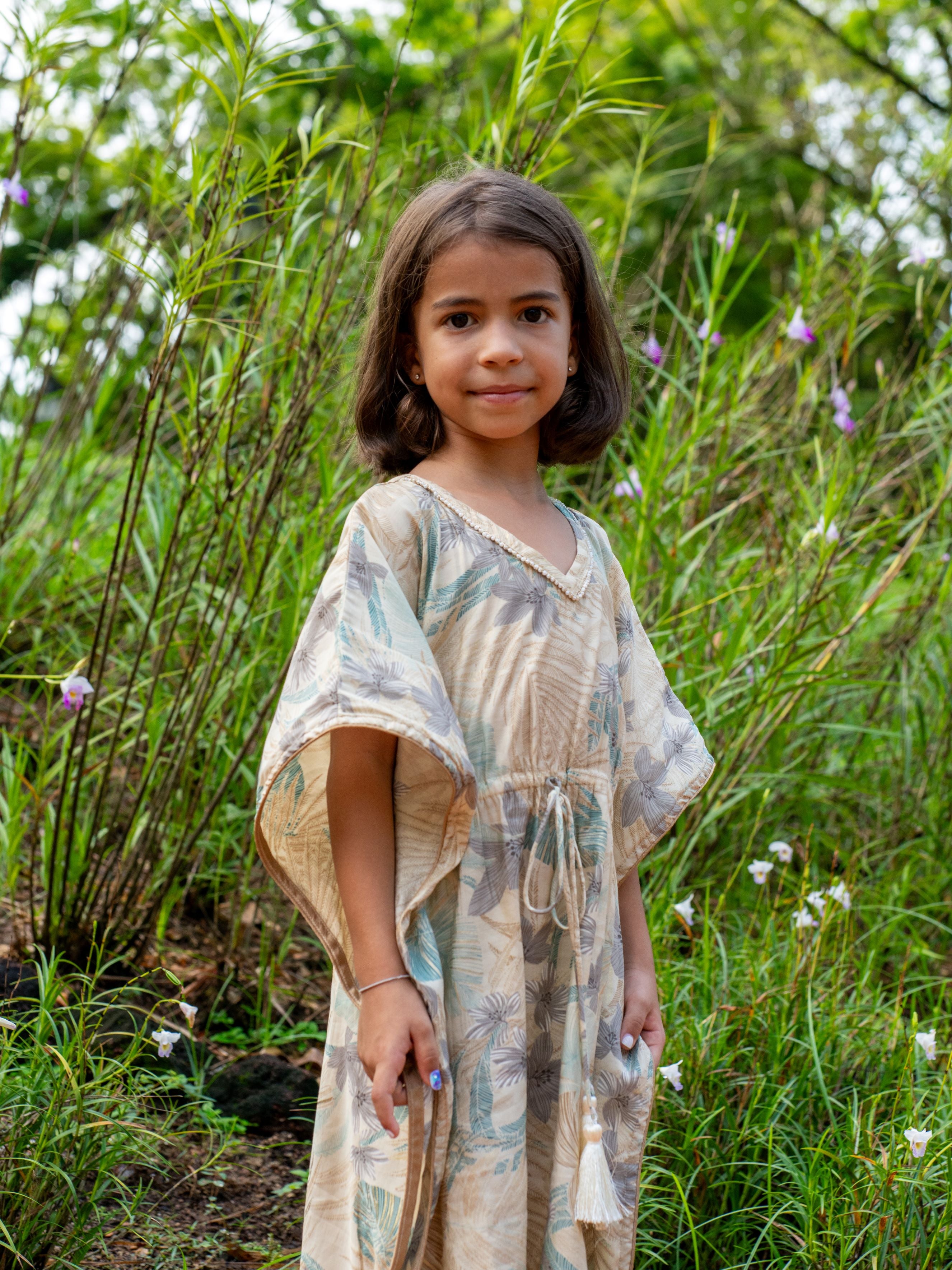 Arya Girls' Long Kaftan Dress in Metallic Blue with Gold Accents
