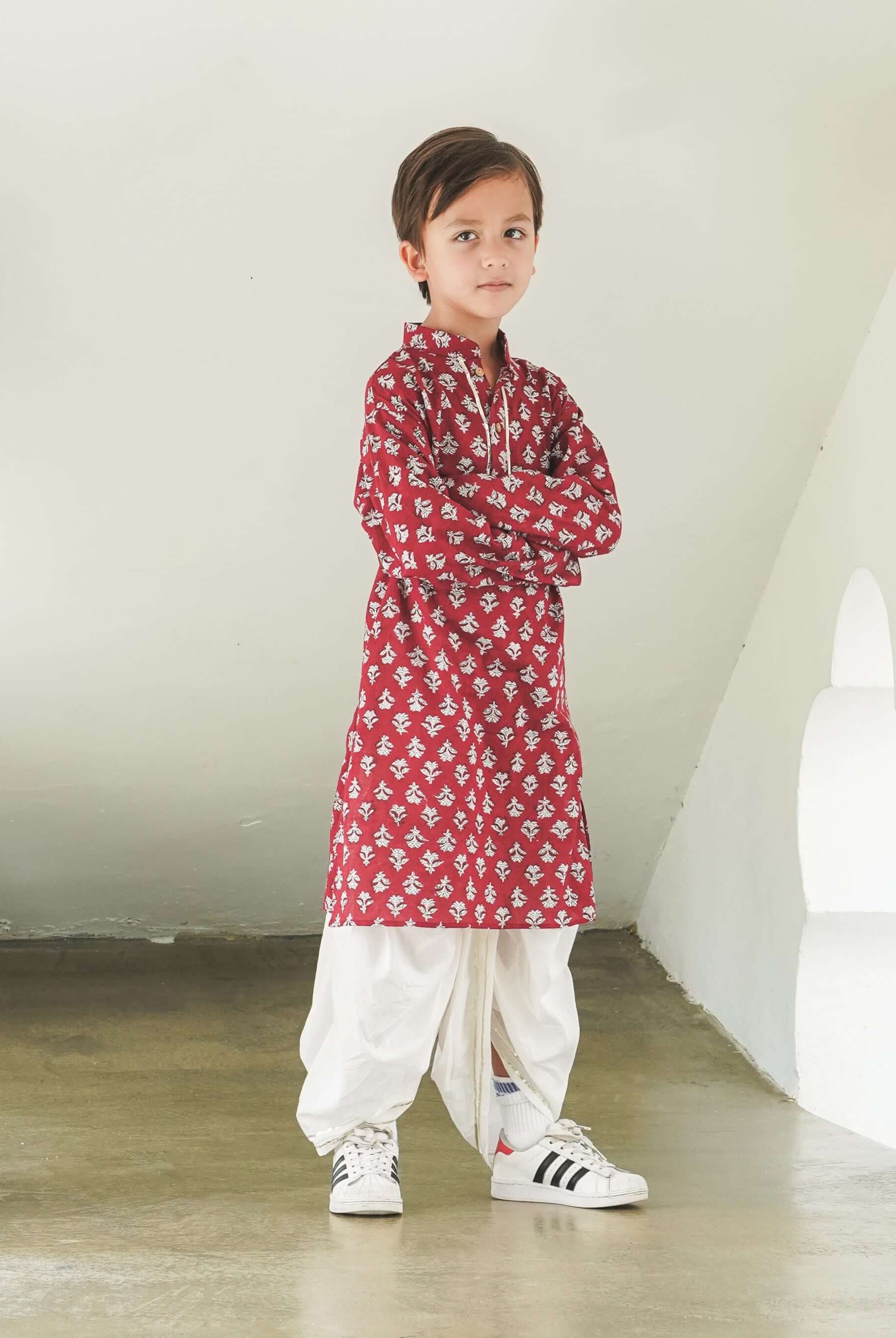 Jashn Handblock Booti Maroon Boys Kurta Dhoti in Cotton