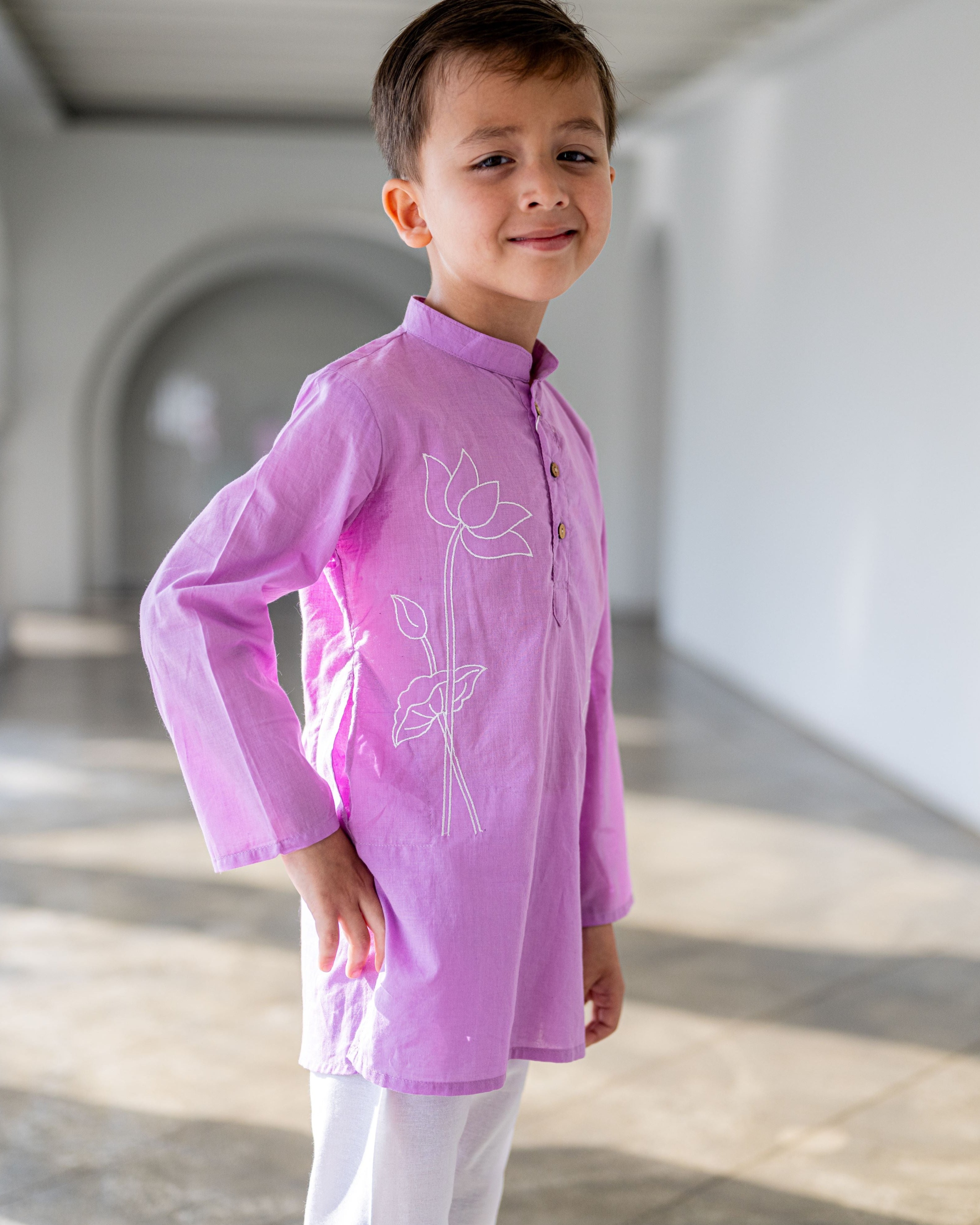 Nimbu singapore Embroidered Lotus Purple Kurta Pajama Set
