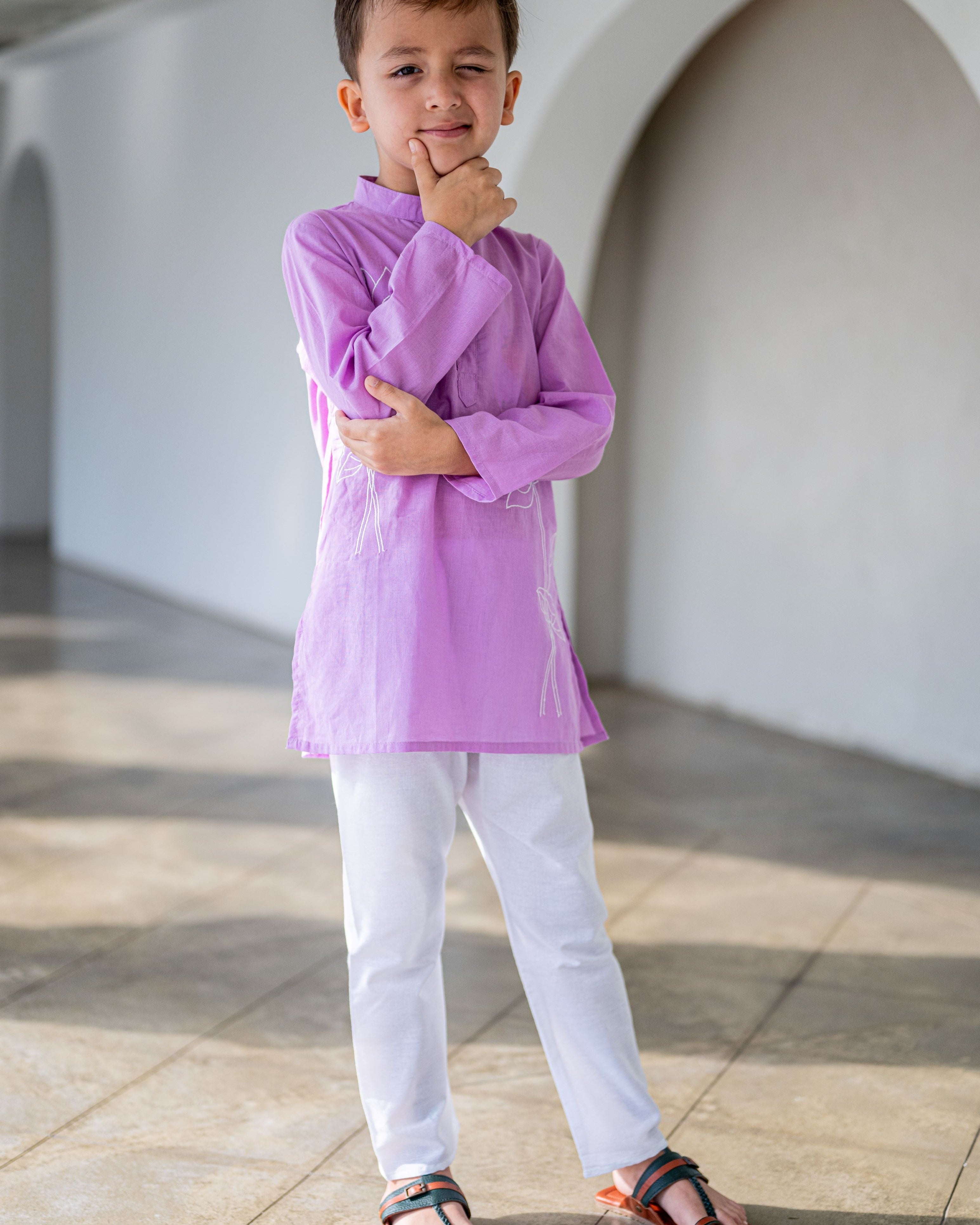 Nimbu singapore Embroidered Lotus Purple Kurta Pajama Set