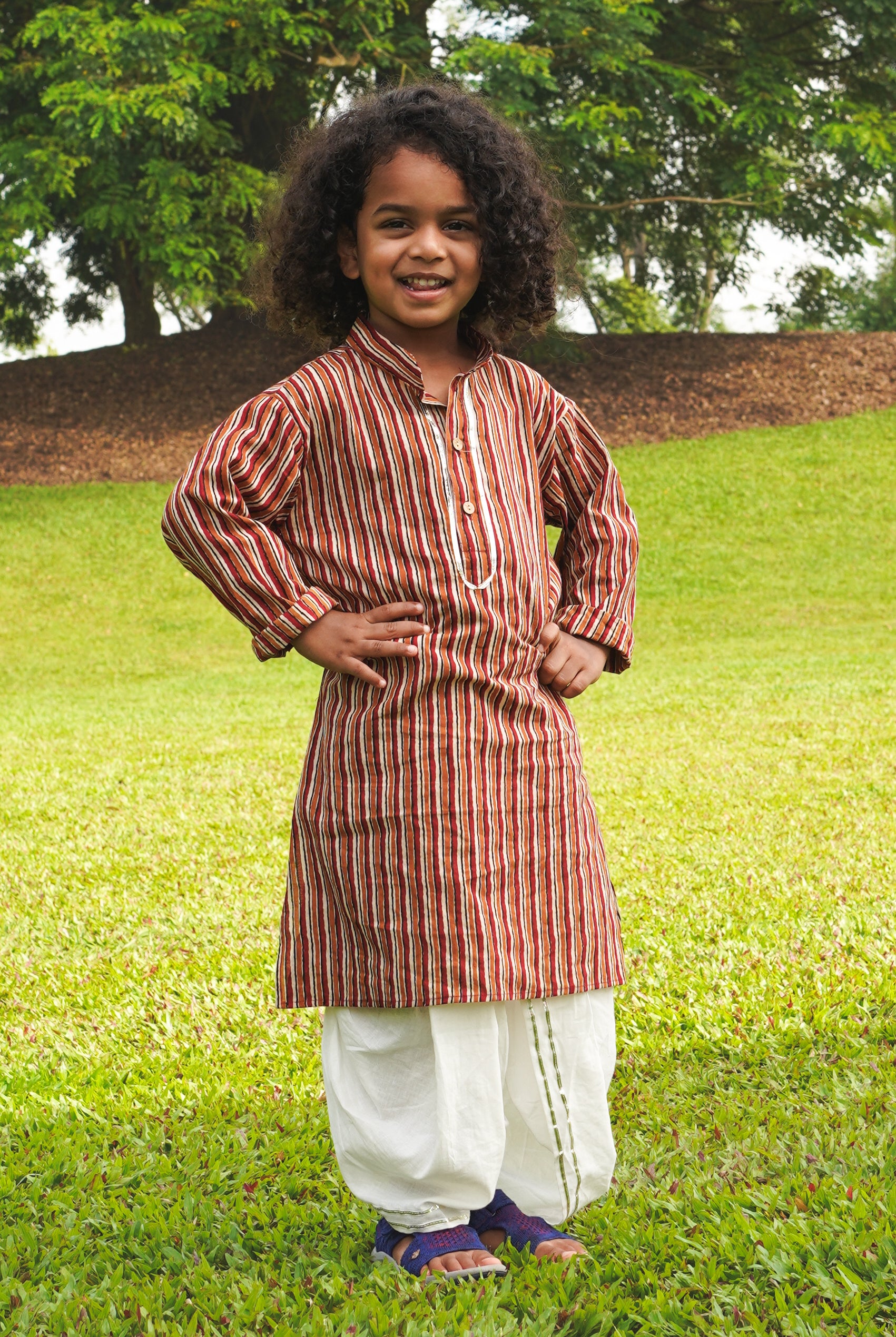Nazara Boys Handblock Maroon & Beige Striped Kurta Dhoti