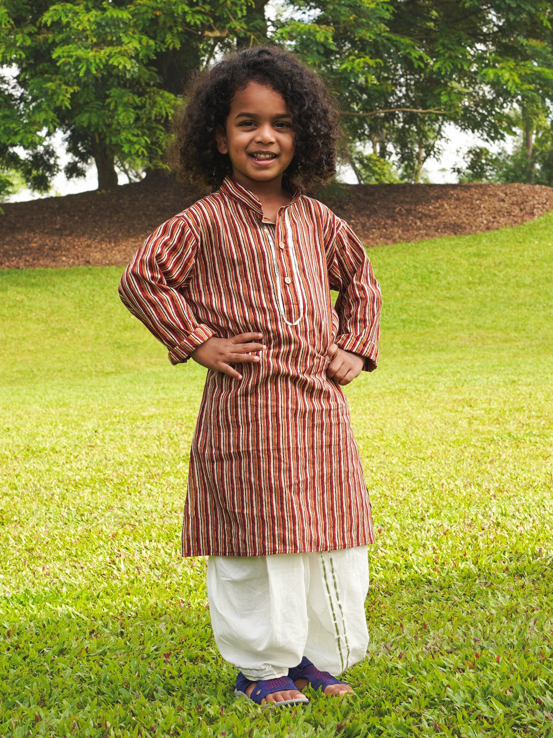 Nazara Boys Handblock Maroon & Beige Striped Kurta Dhoti