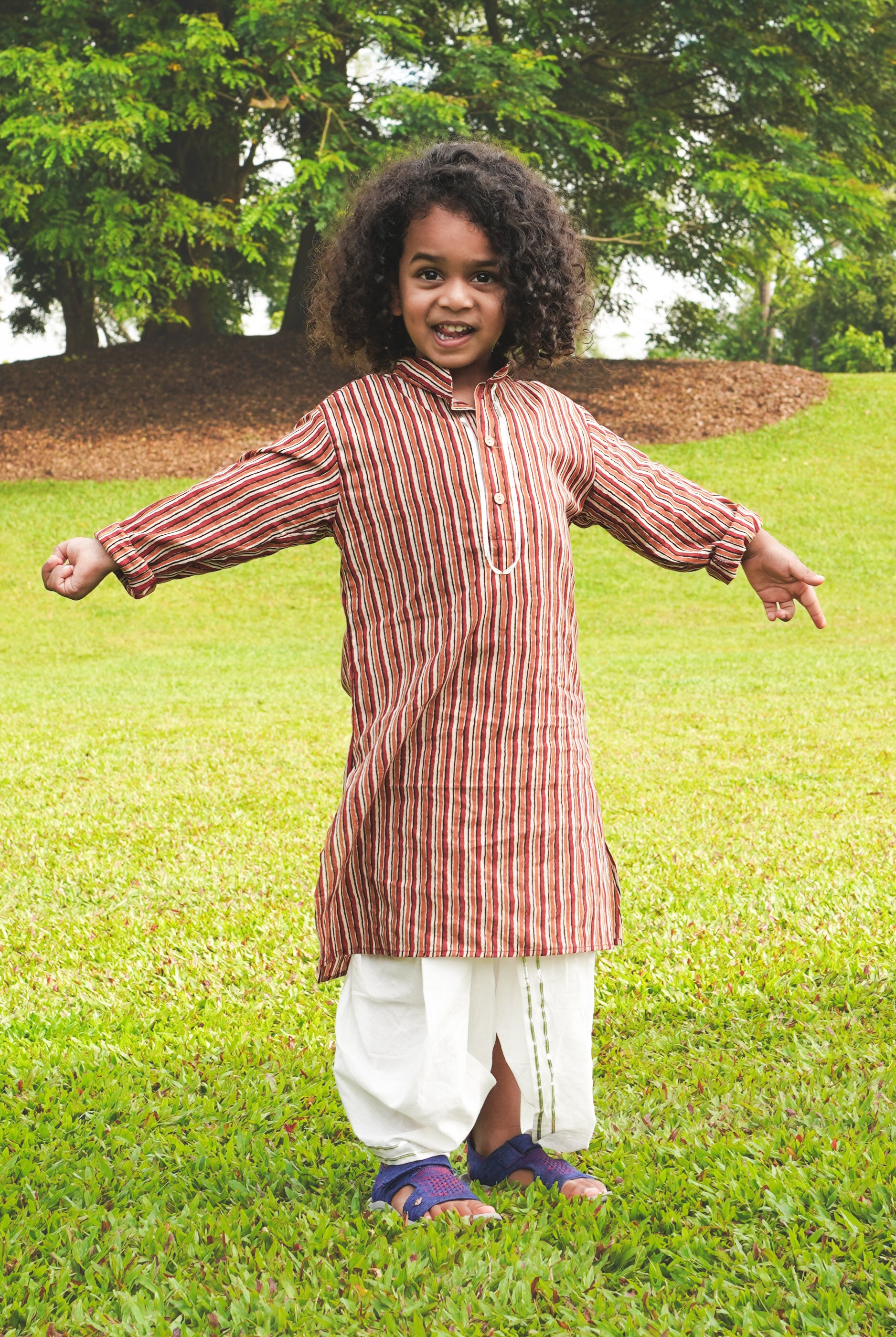 Nazara Boys Handblock Maroon & Beige Striped Kurta Dhoti