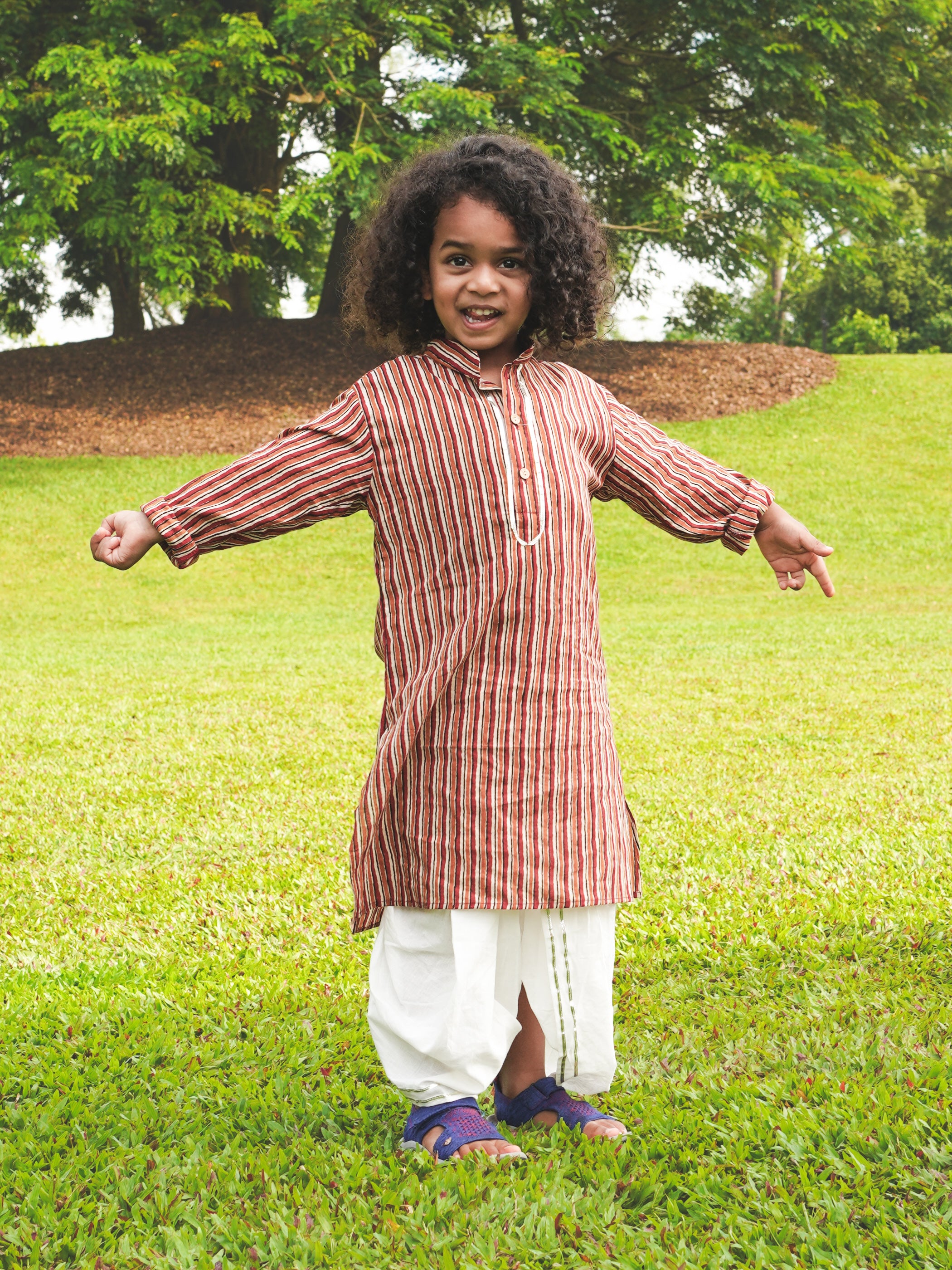 Nazara Boys Handblock Maroon & Beige Striped Kurta Dhoti
