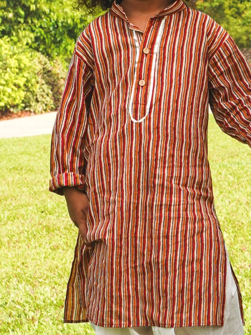 Nazara Boys Handblock Maroon & Beige Striped Kurta Dhoti