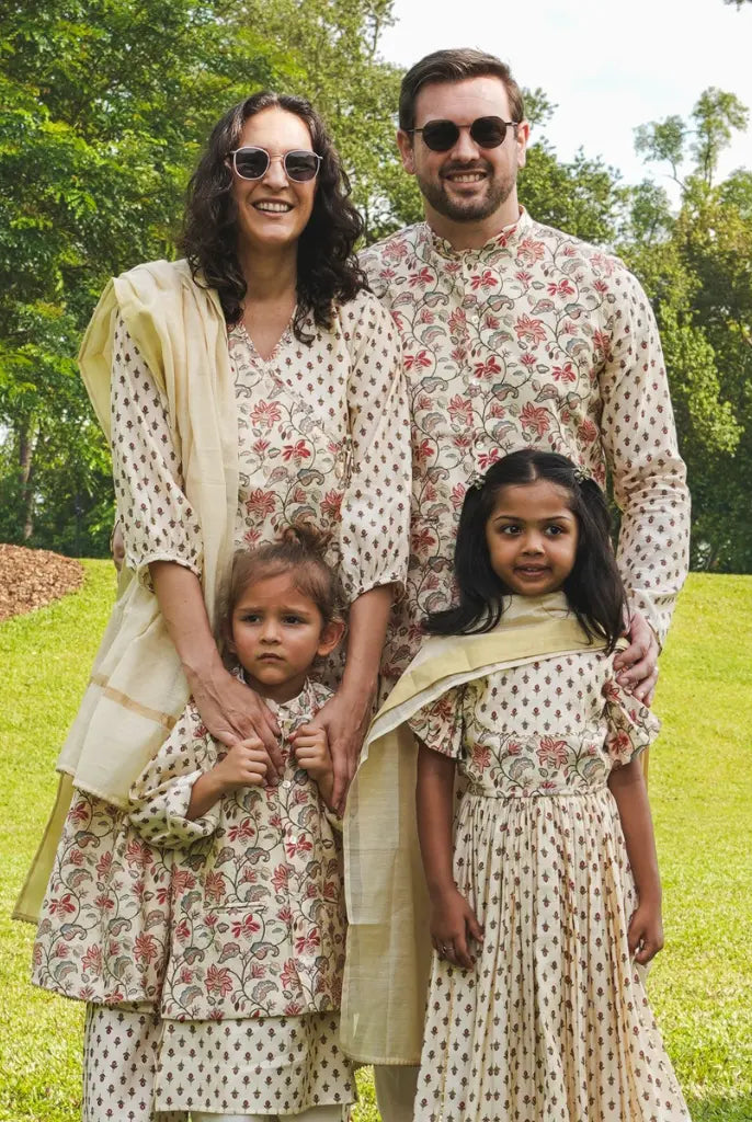 Nia Womens Pearl White Floral Angarkha Kurti & Salwar with Dupatta set in Muslin Cotton Nimbu