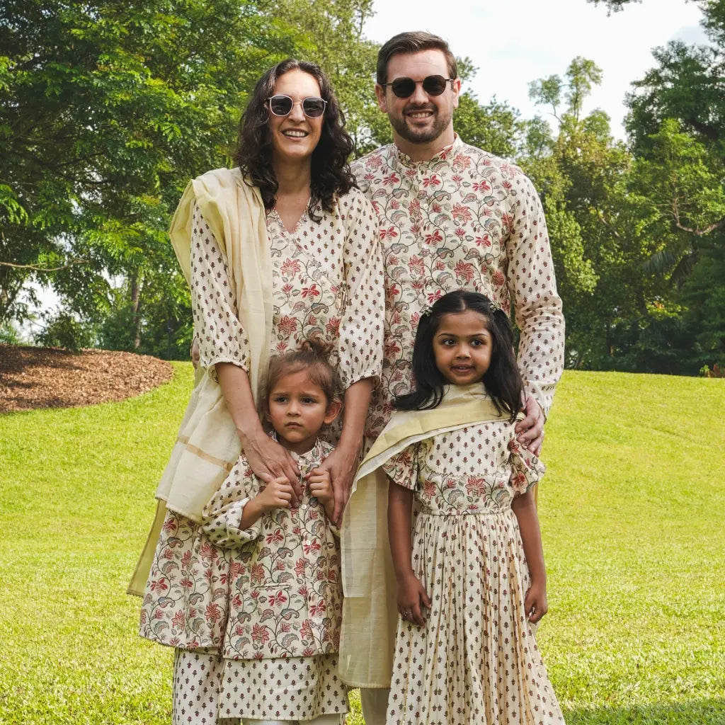 Nia Womens Pearl White Floral Angarkha Kurti & Salwar with Dupatta set in Muslin Cotton Nimbu