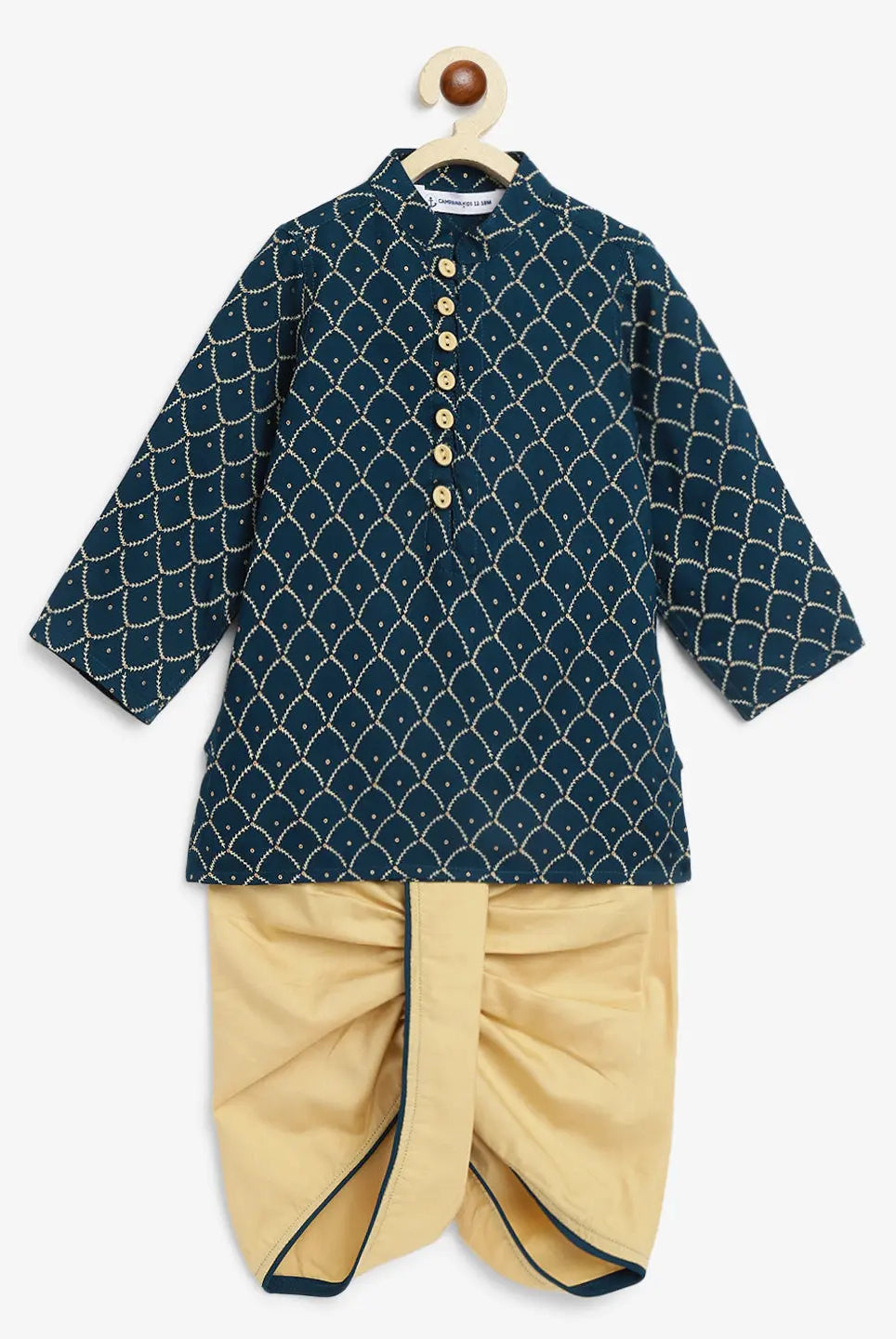 Mehul Cotton Dhoti Kurta in Foil Print in Teal & Gold