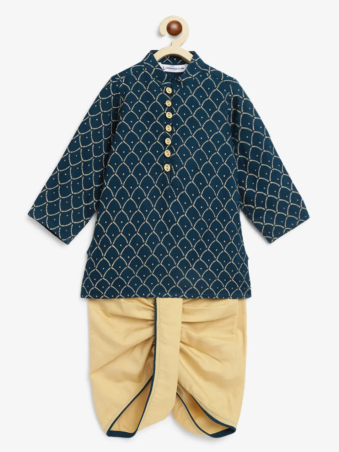 Mehul Cotton Dhoti Kurta in Foil Print in Teal & Gold