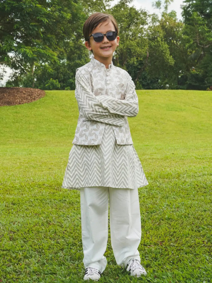 Zoya Boys White & Gold 3-pc Cotton Jacket Set in Cotton Nimbu