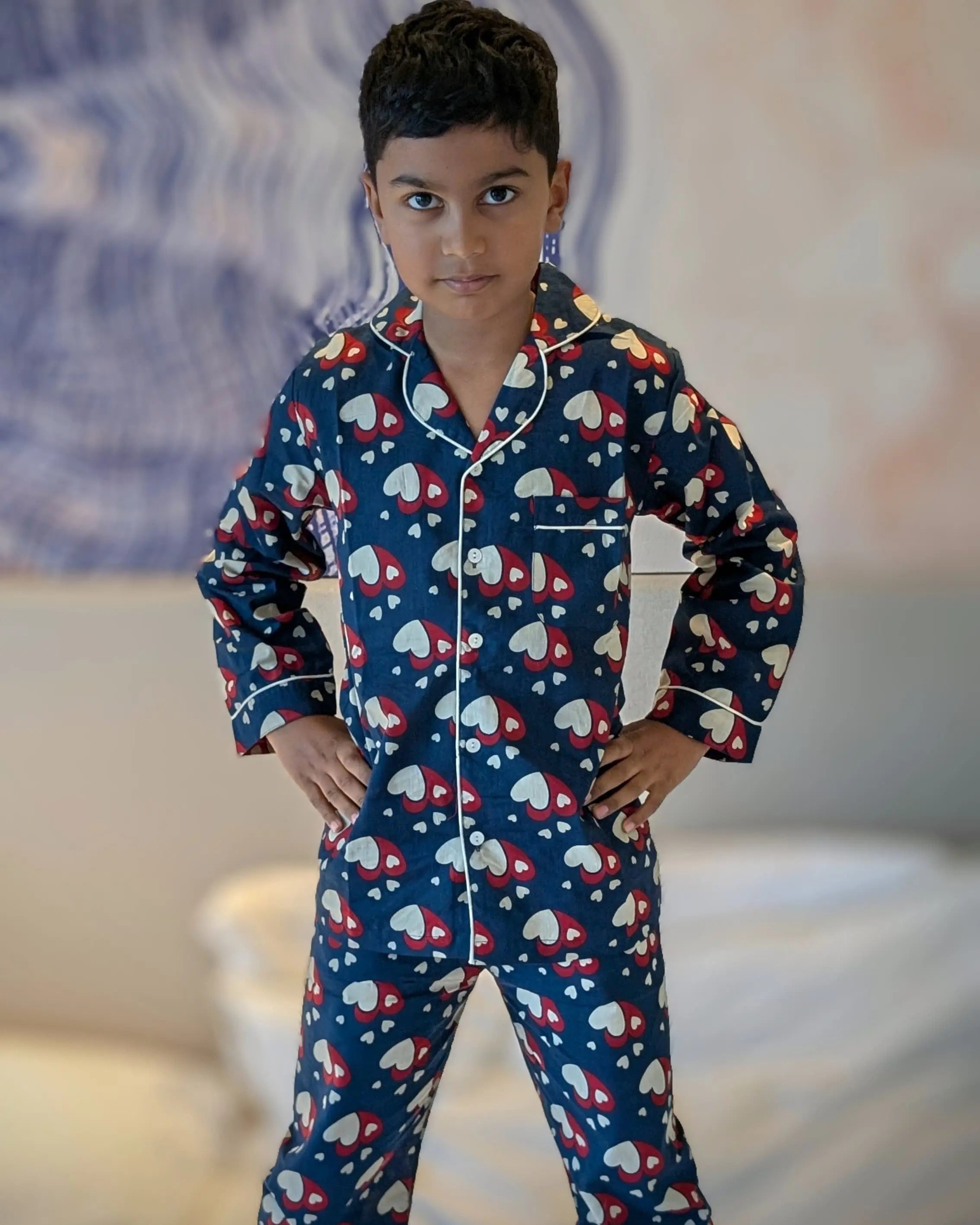 Christmas heart print pajama set in blue cotton for kids