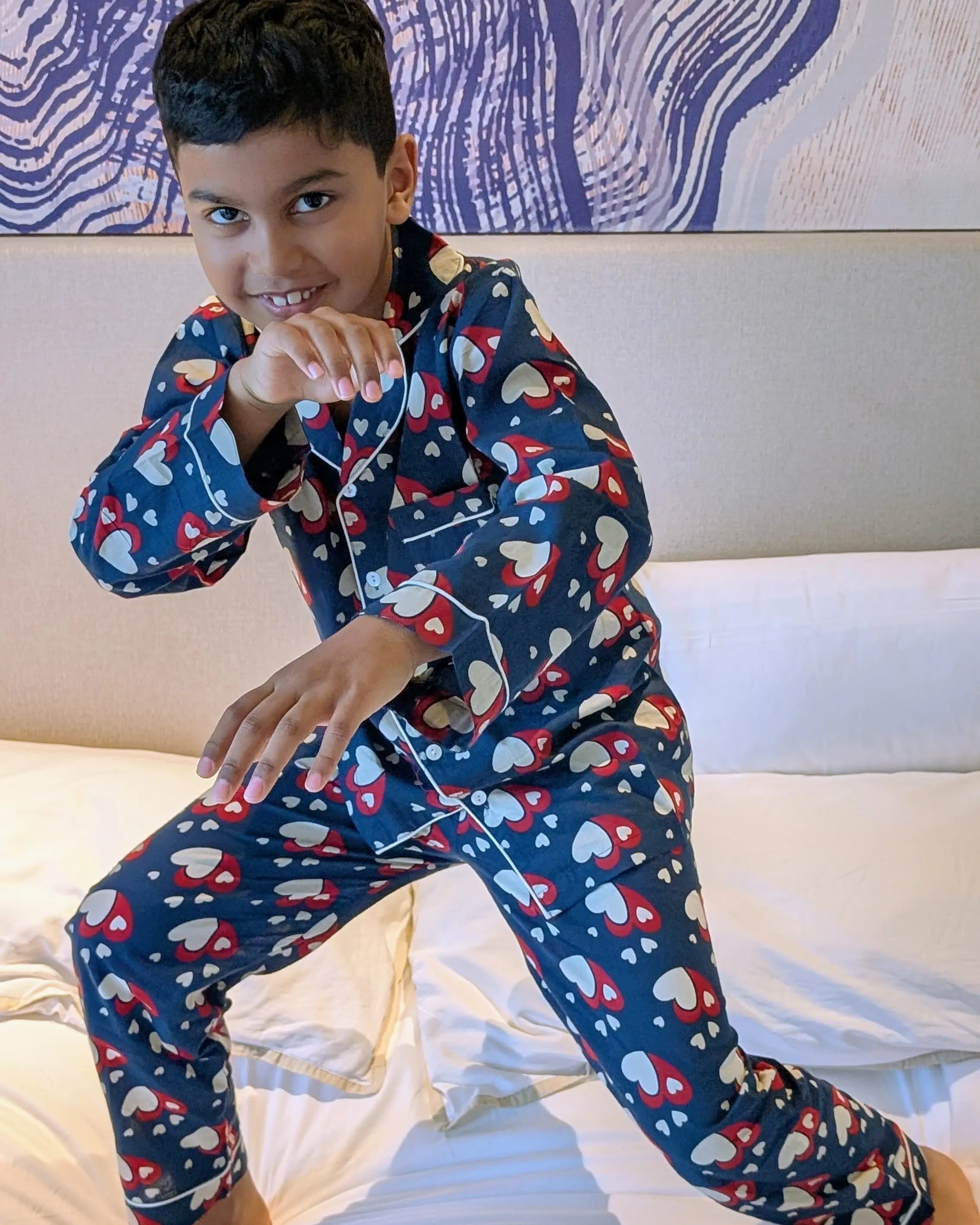 Christmas heart print pajama set in blue cotton for kids