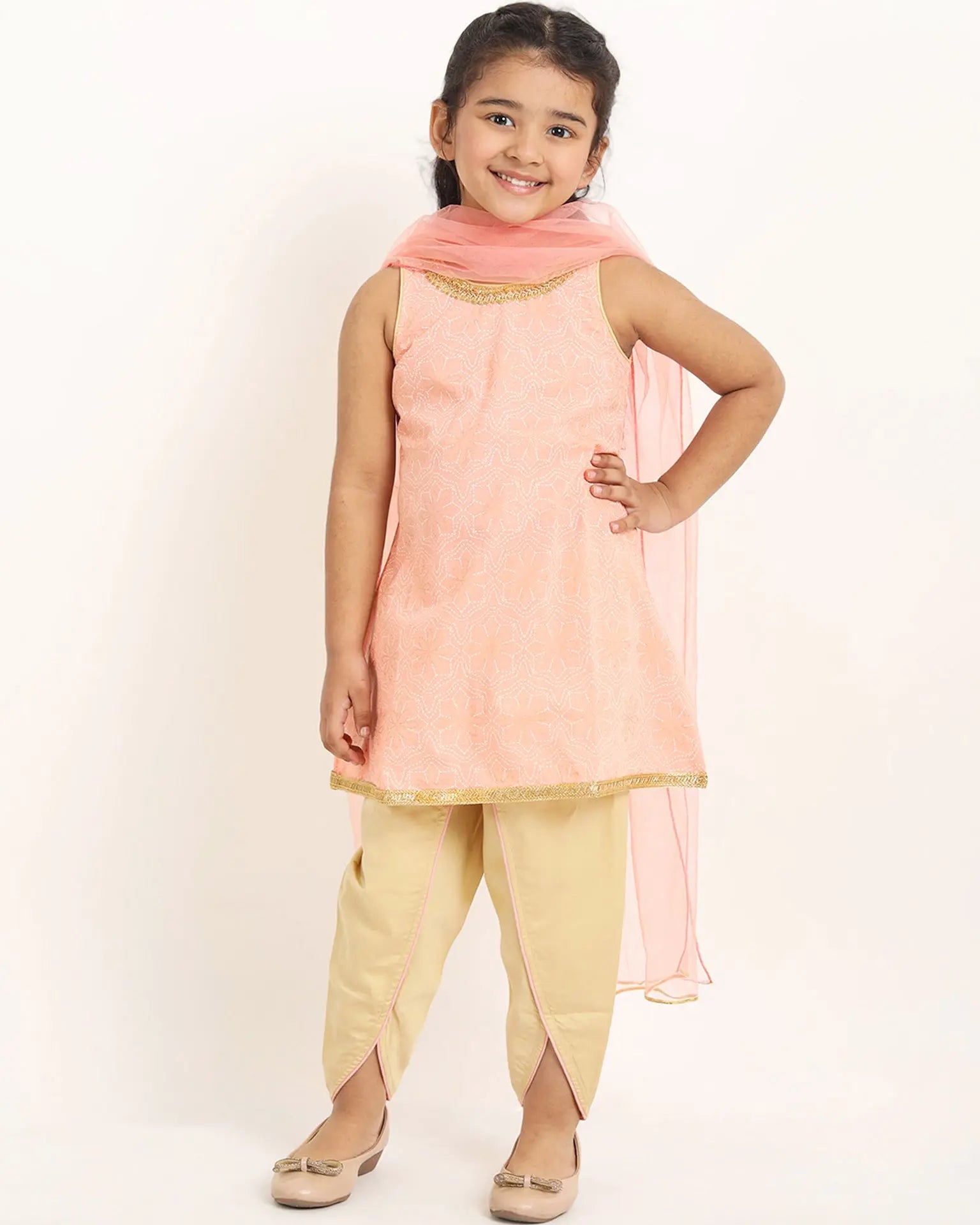 Vaani Dhoti Kurta Set with Dupatta in Khari Print in Pink & Gold