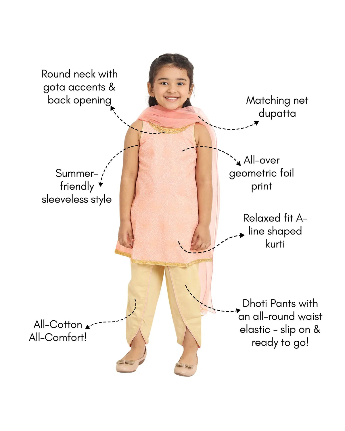 Vaani Dhoti Kurta Set with Dupatta in Khari Print in Pink & Gold