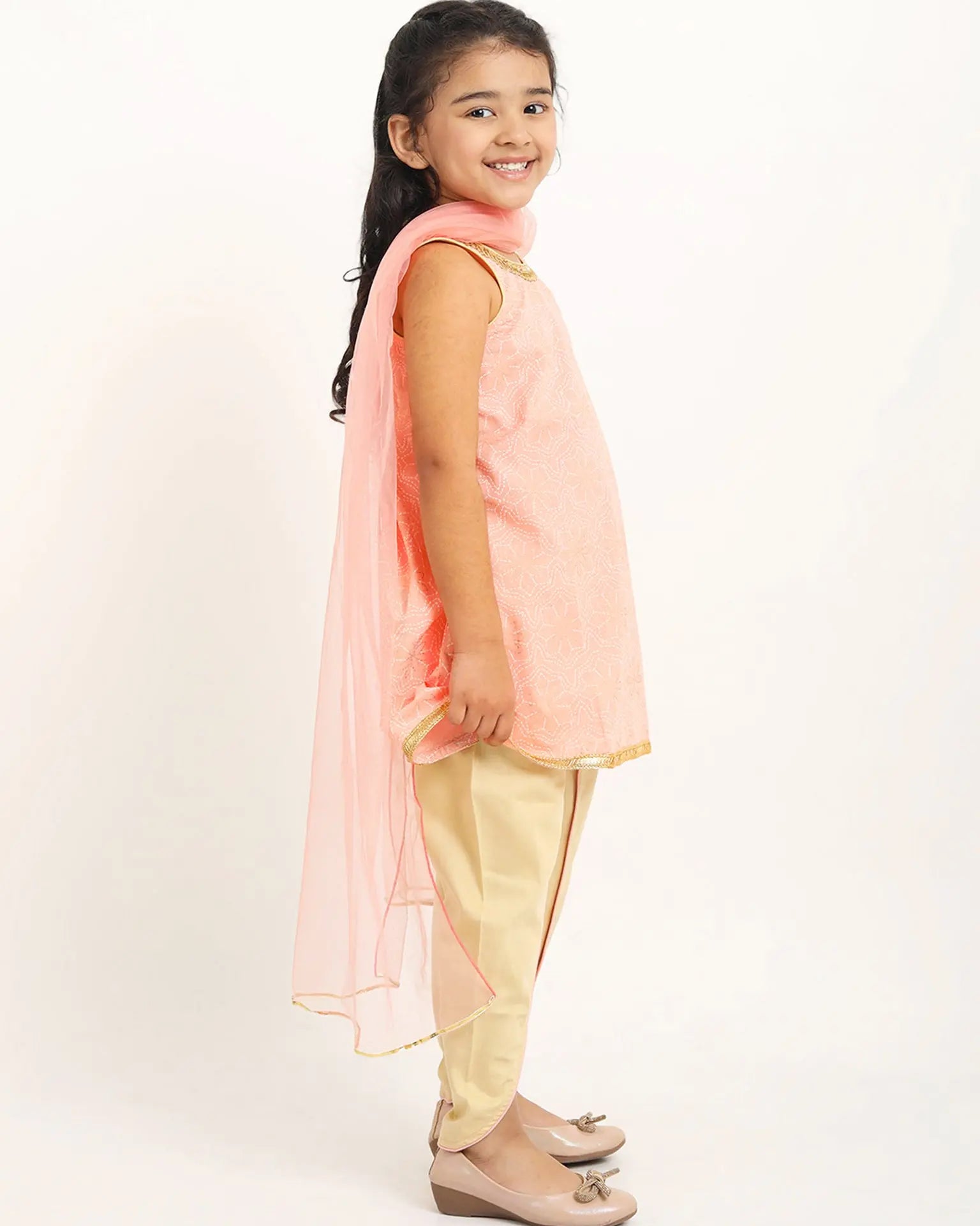 Vaani Dhoti Kurta Set with Dupatta in Khari Print in Pink & Gold