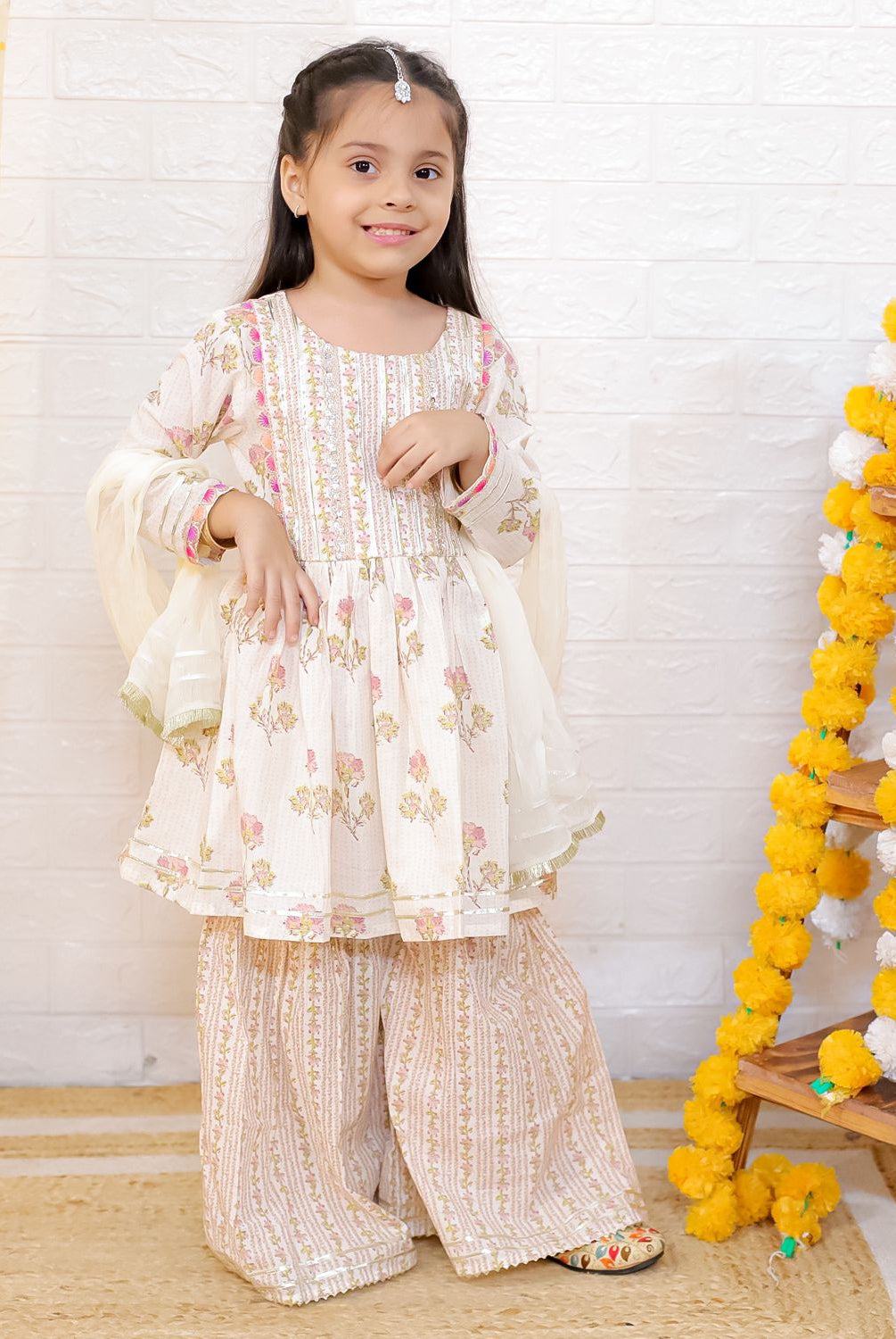 Pink Bloom Cotton Girls Kurti Sharara with matching Dupatta