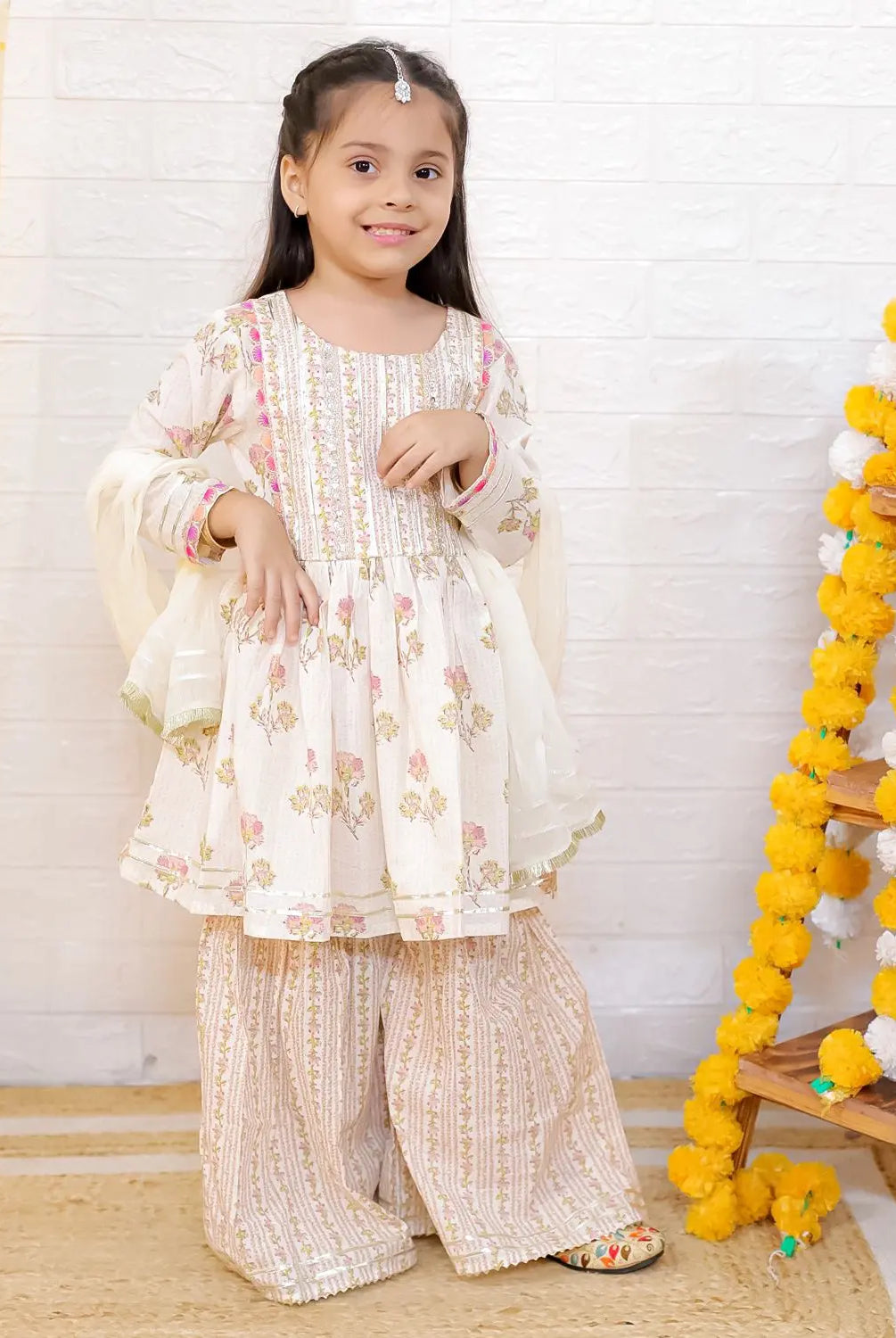 Pink Bloom Cotton Girls Kurti Sharara with matching Dupatta