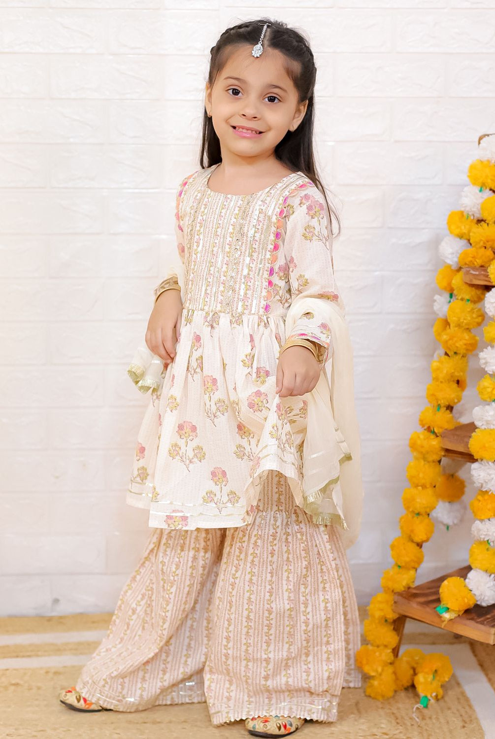 Pink Bloom Cotton Girls Kurti Sharara with matching Dupatta